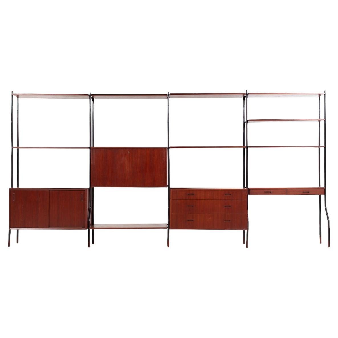 Lyby Mobler Mid Century Danish Teak and Steel 4-Bay Freestanding Wall Unit im Angebot