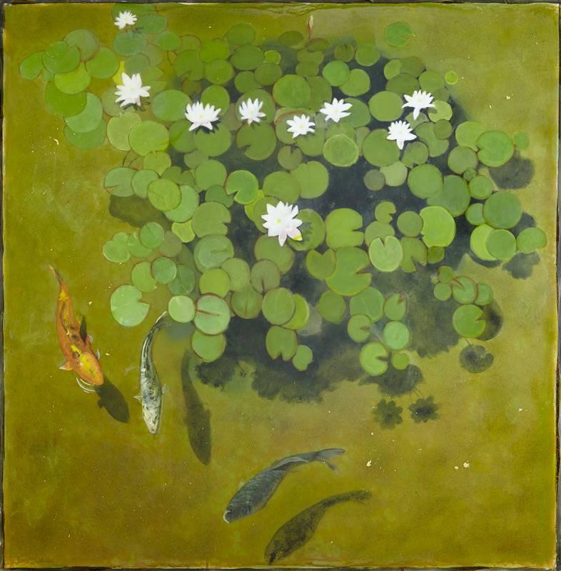 Lydia Bauman Animal Painting – Fishpond and Lilies Original, zeitgenössisch, signiert, ausgezeichnete Kunstkritiken