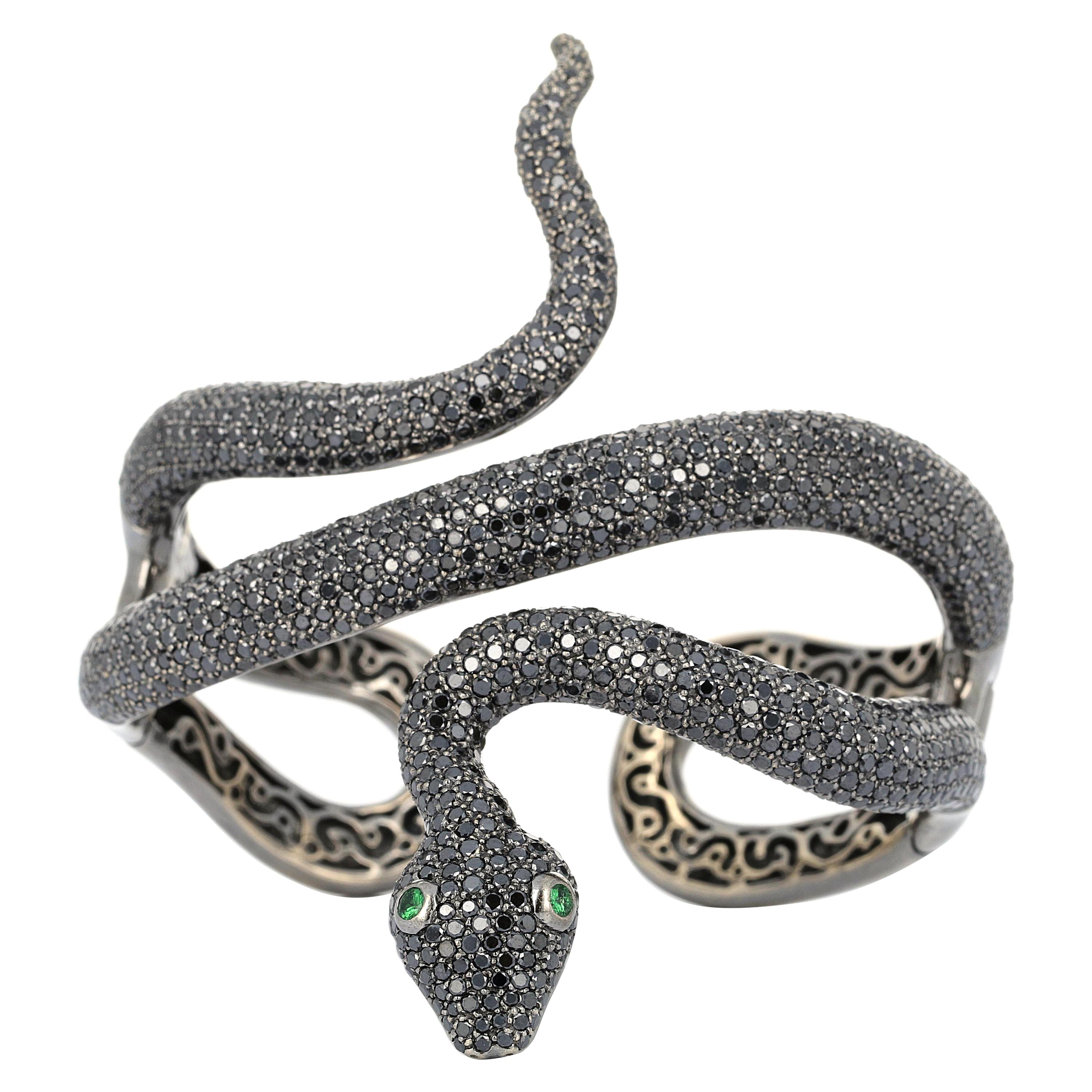 Lydia Courteille Diamond Garnet Rhodium 18k Gold Snake Bangle  For Sale