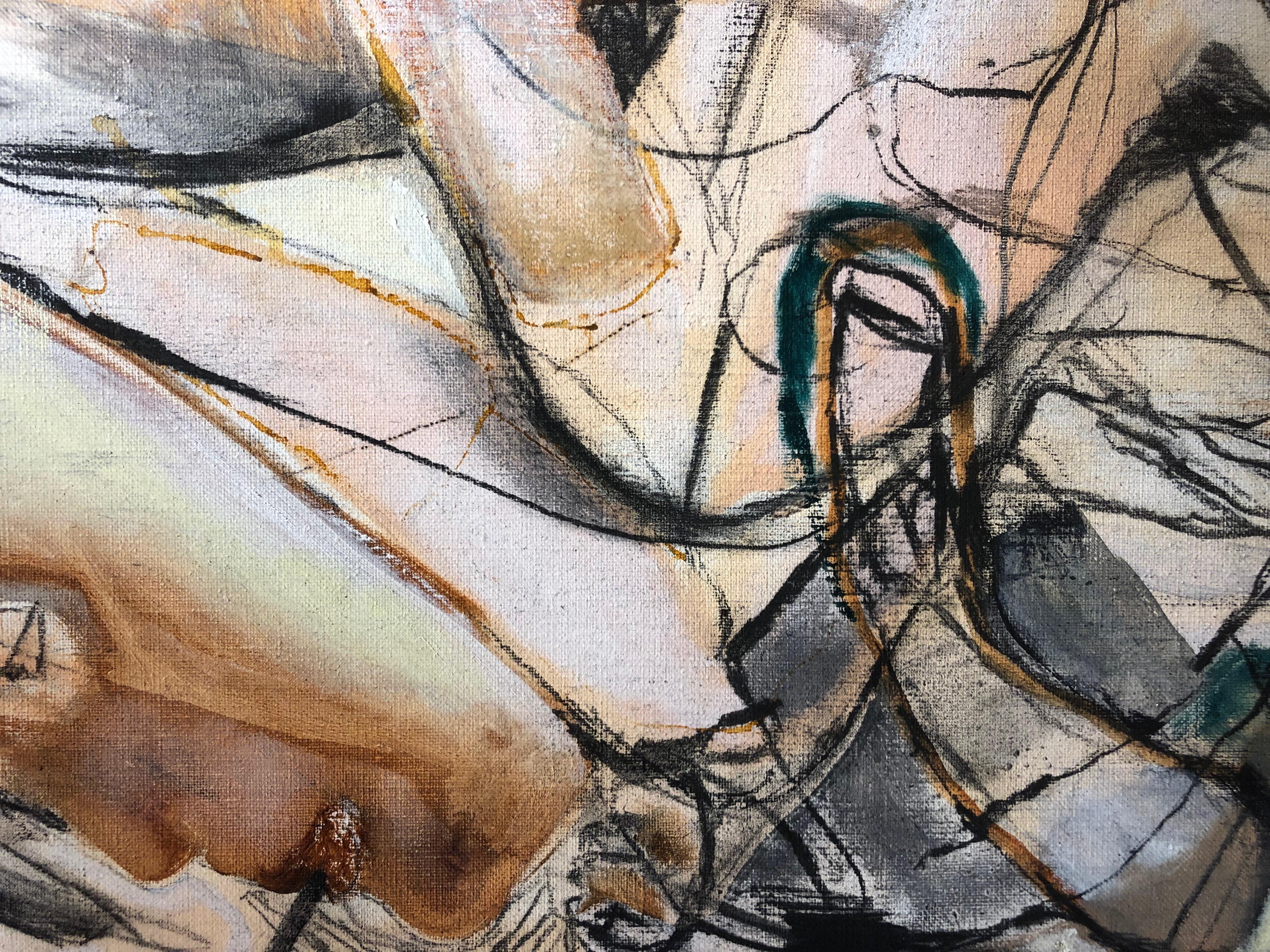 Spotlight One, abstracted figures, mixed media earth tones - Painting by Lydia Janssen