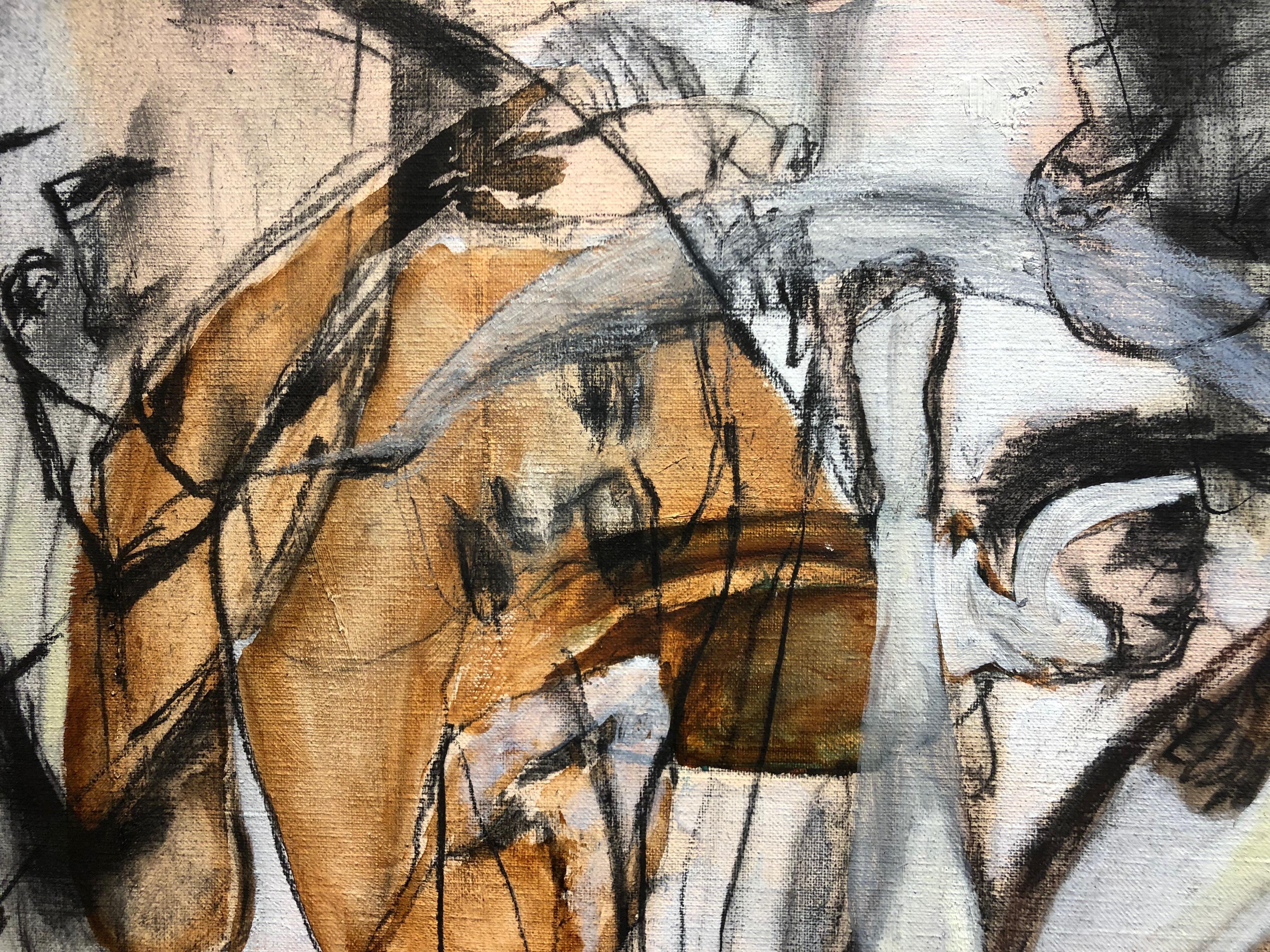 Spotlight Three, abstracted figures, mixed media earth tones  - Painting by Lydia Janssen