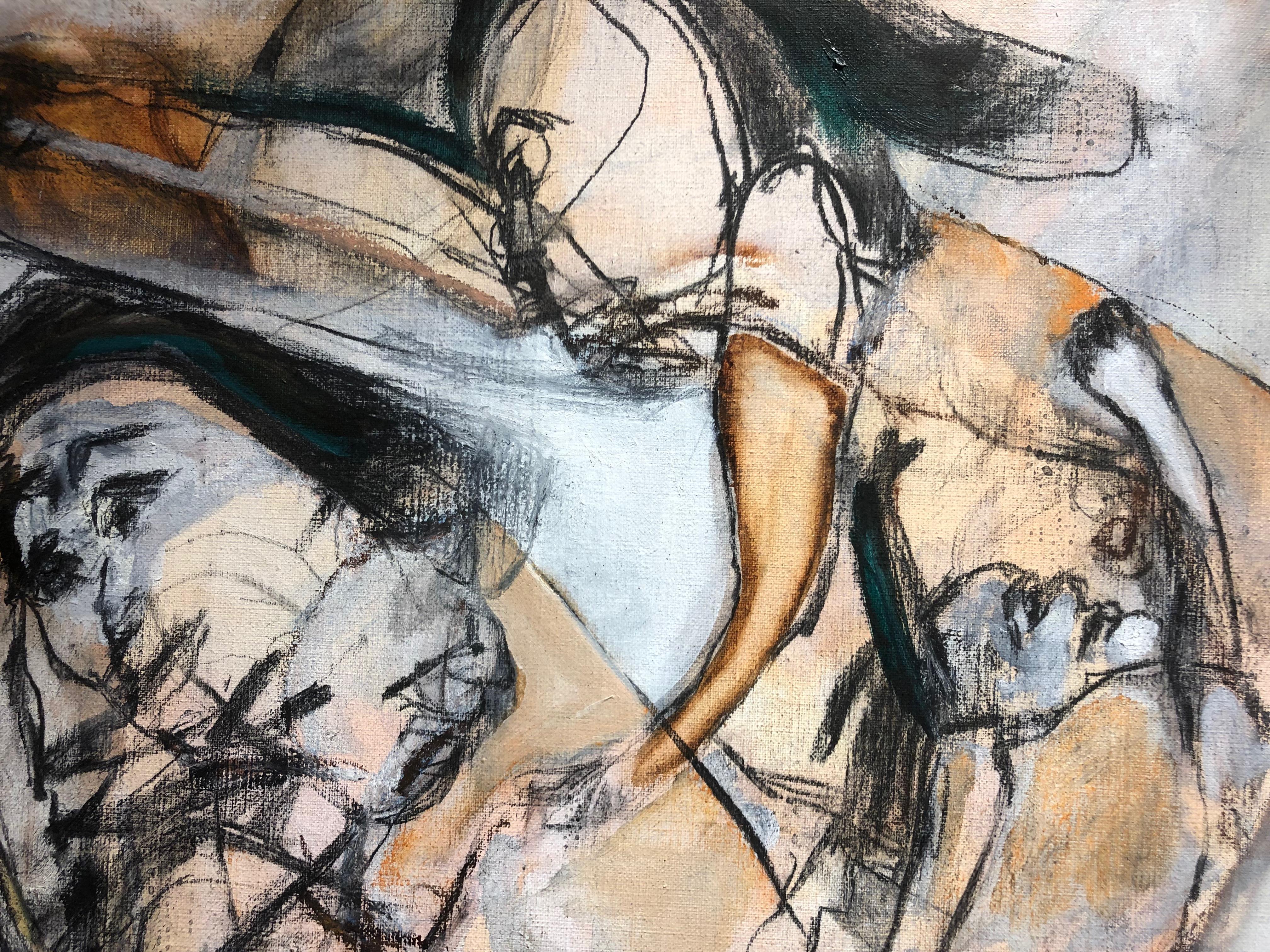 Spotlight Two, abstracted figures, mixed media earth tones - Painting by Lydia Janssen