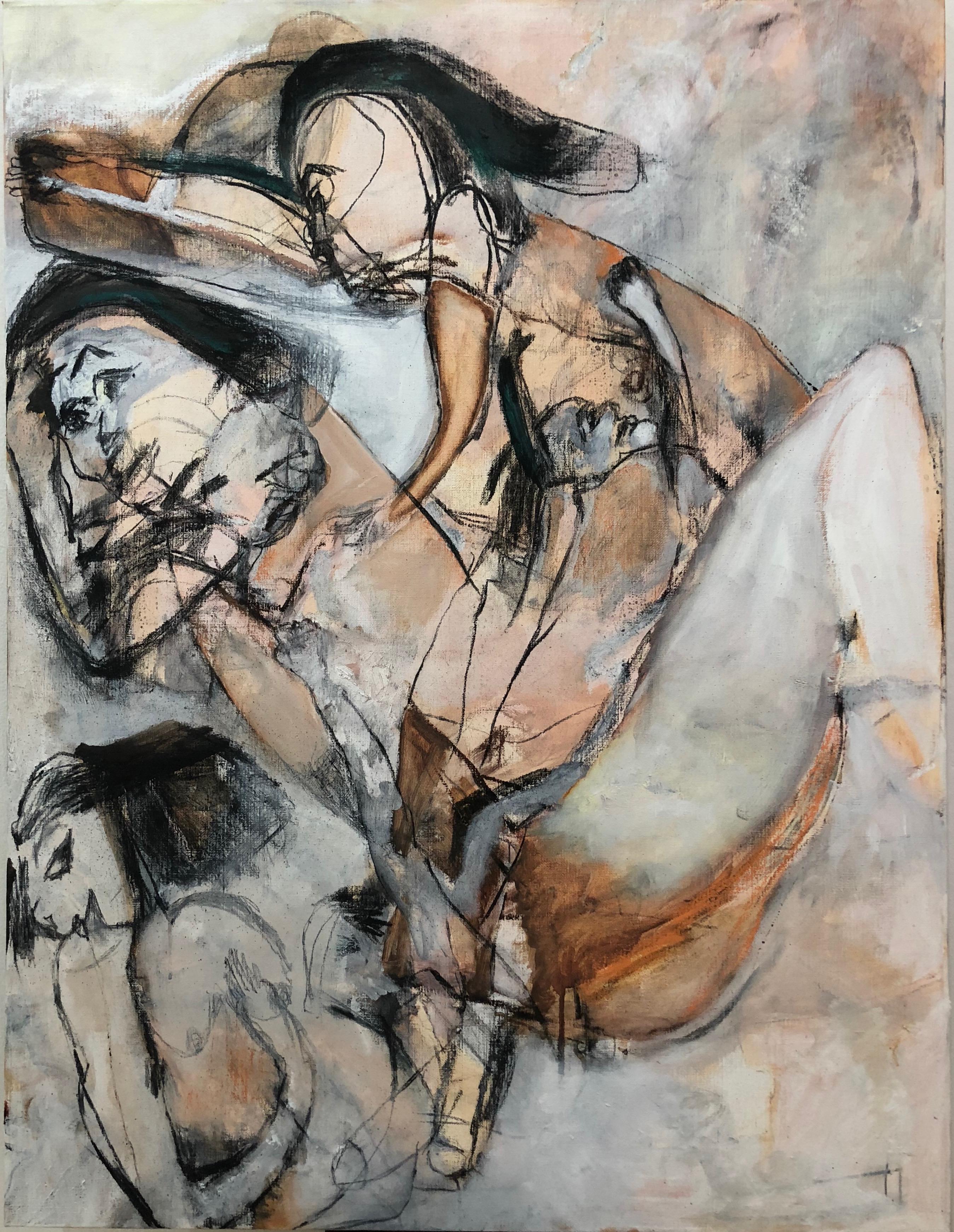 Lydia Janssen Abstract Painting - Spotlight Two, abstracted figures, mixed media earth tones