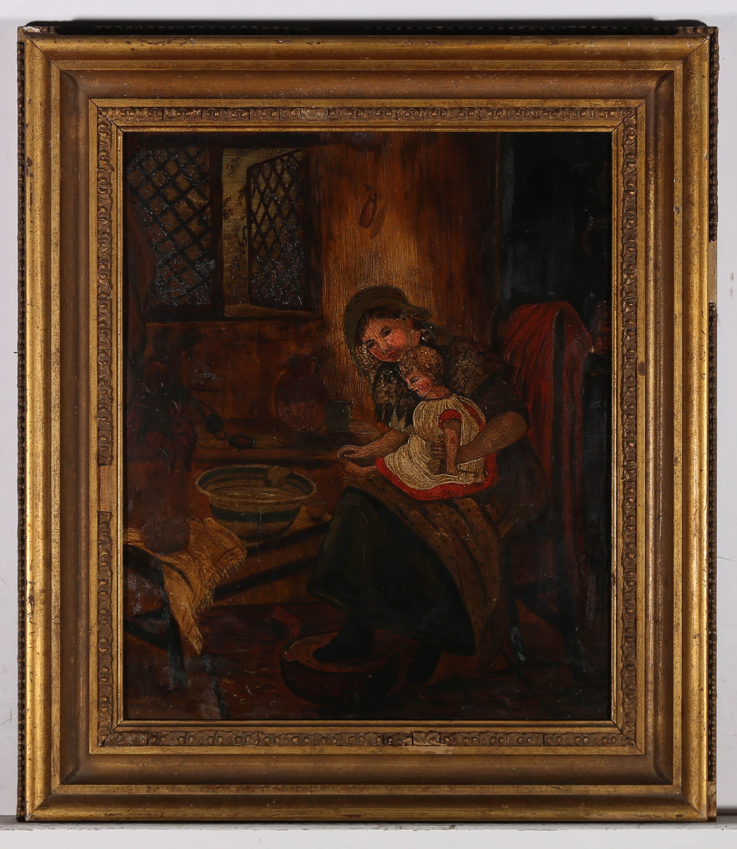A charmingly naive example of folk art from the mid 19th Century. The interior scene shows a girl sitting in a rustic cottage with a baby on her lap, play 
