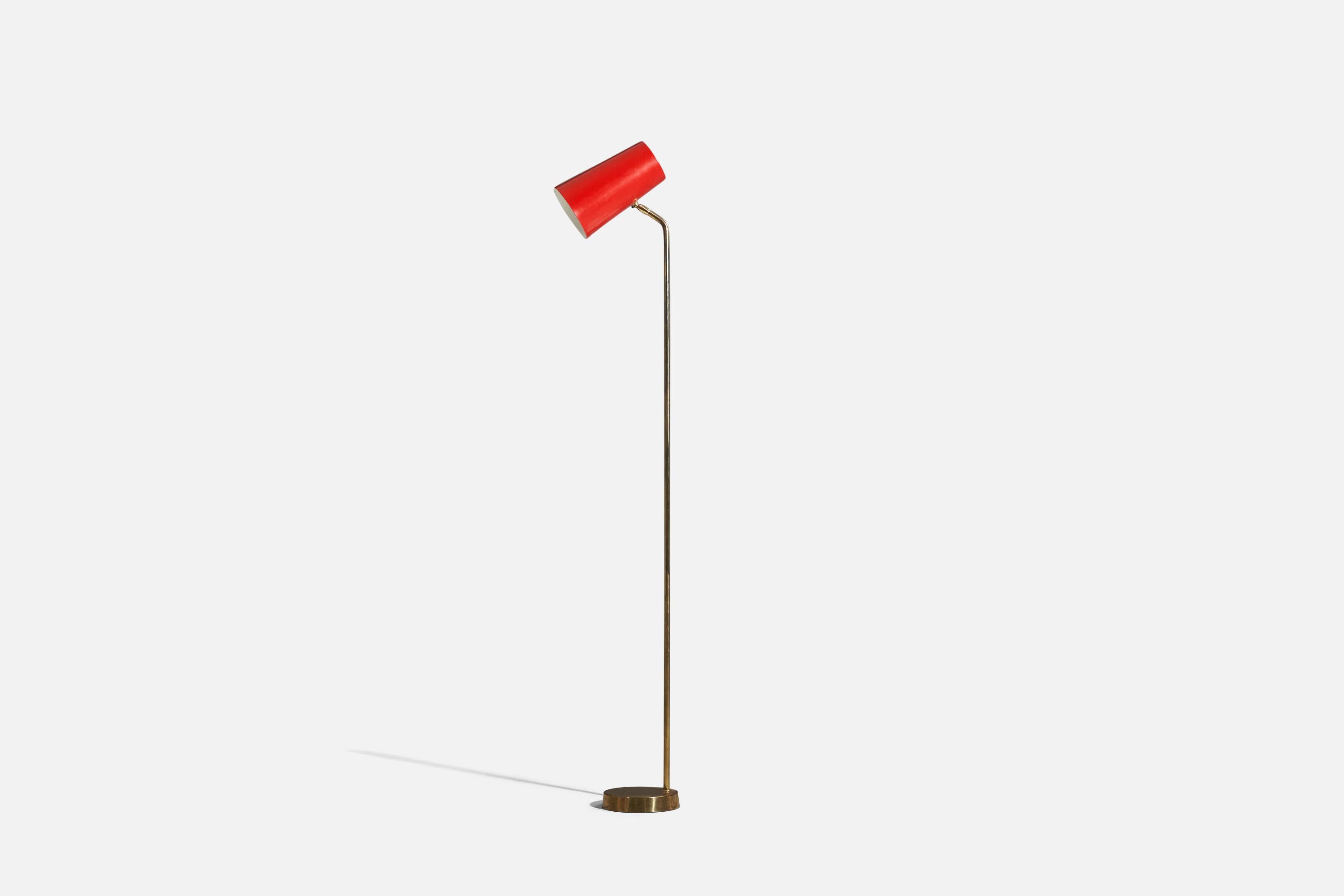 A brass and red-lacquered metal floor lamp designed and produced by Lyfa, Denmark, 1960s. 

Variable dimensions, measured as illustrated in the first image.

Socket takes standard E-26 medium base bulb.
There is no maximum wattage stated on the