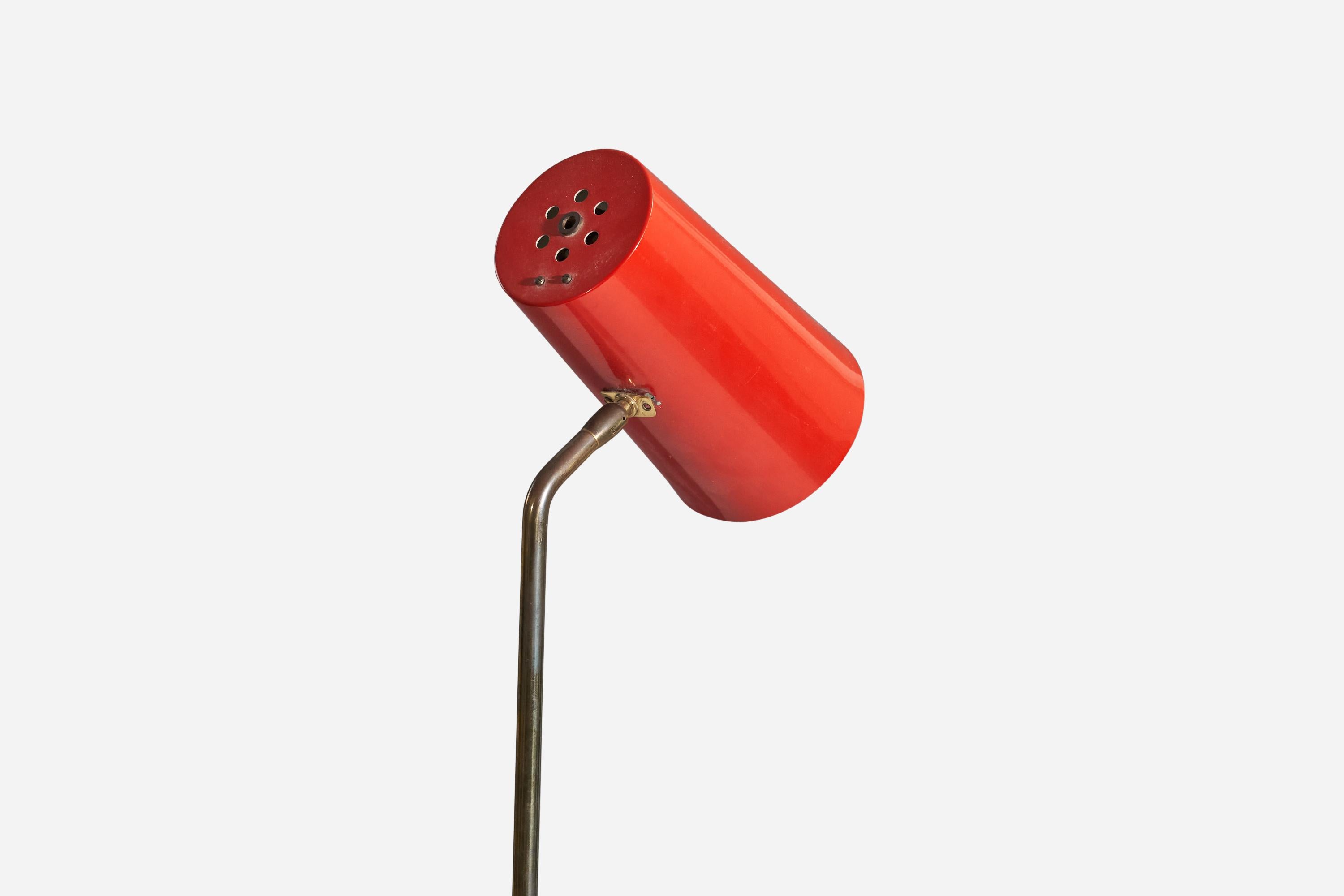 Mid-Century Modern Lyfa, Adjustable Floor Lamp, Brass, Red-Lacquered Metal, Denmark, 1960s For Sale