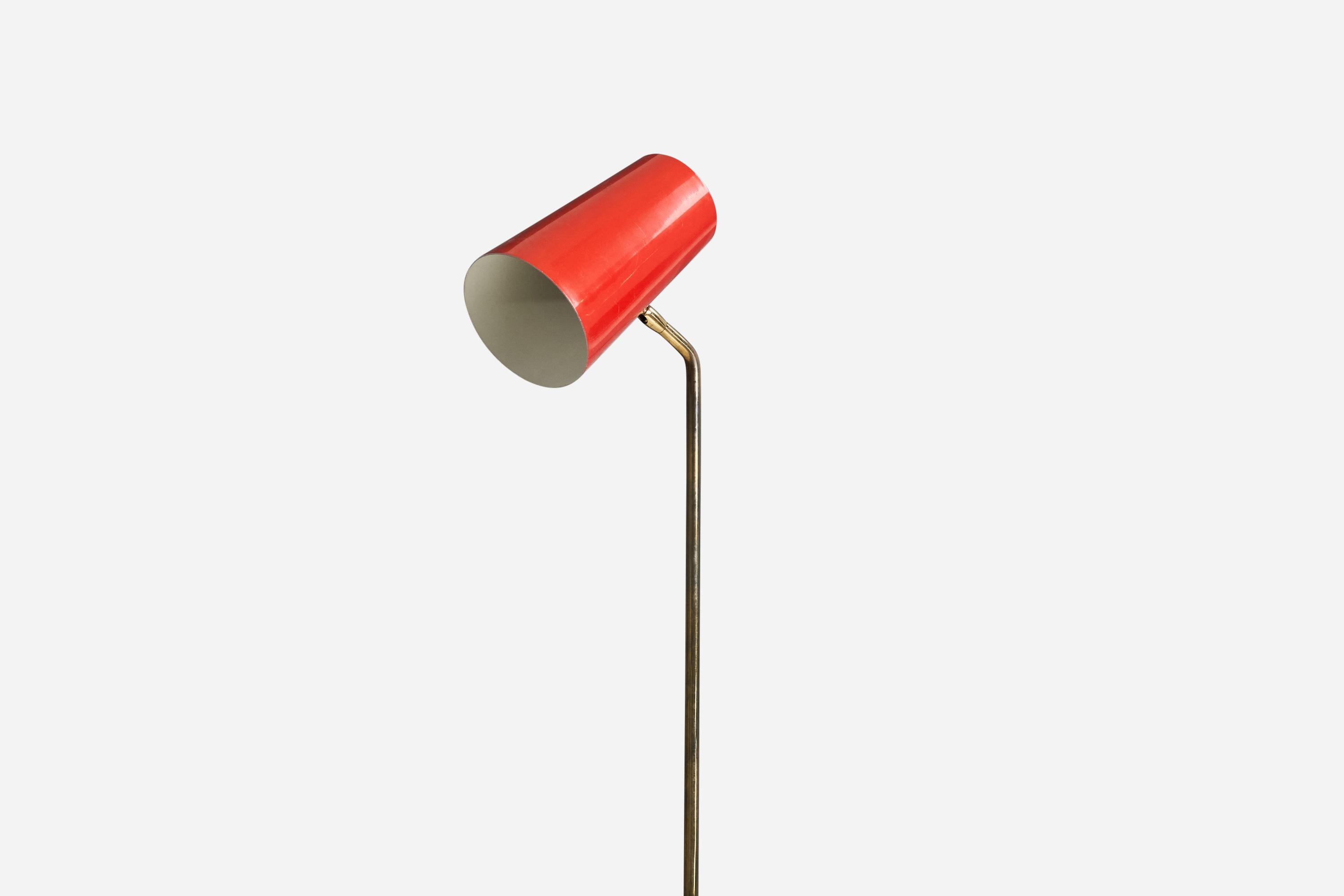 Danish Lyfa, Adjustable Floor Lamp, Brass, Red-Lacquered Metal, Denmark, 1960s For Sale