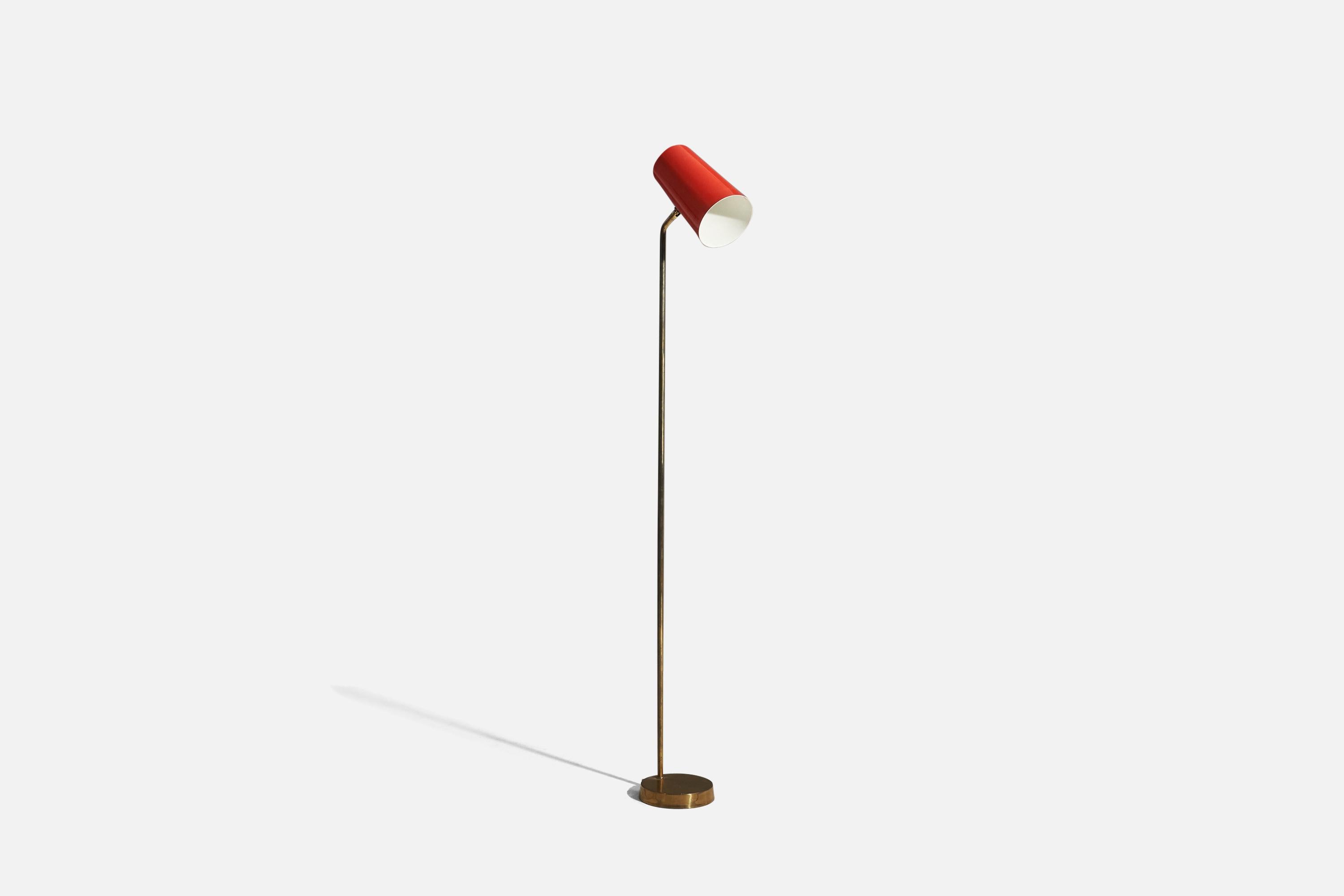 Lyfa, Adjustable Floor Lamp, Brass, Red-Lacquered Metal, Denmark, 1960s In Good Condition For Sale In High Point, NC