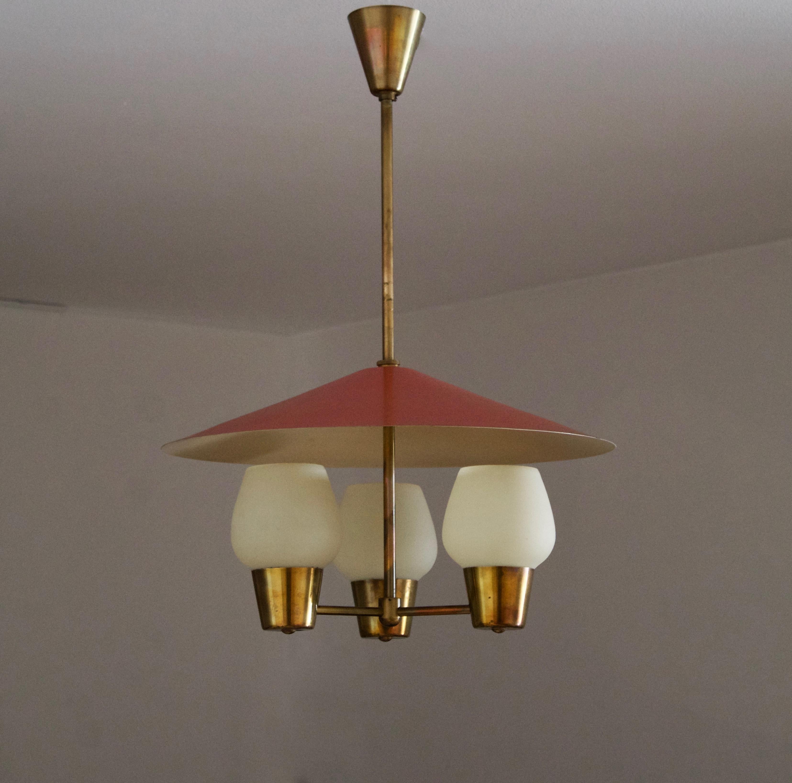 A chandelier / pendant light. Designed and produced in Denmark, 1950s. Production attributed to Lyfa. 

