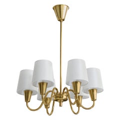 Lyfa, Chandelier, Brass, Fabric, Denmark, 1950s
