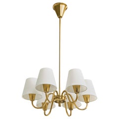 Lyfa, Chandelier, Brass, Fabric, Denmark, 1950s