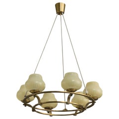Lyfa, Chandelier, Brass, Glass, Denmark, 1950s