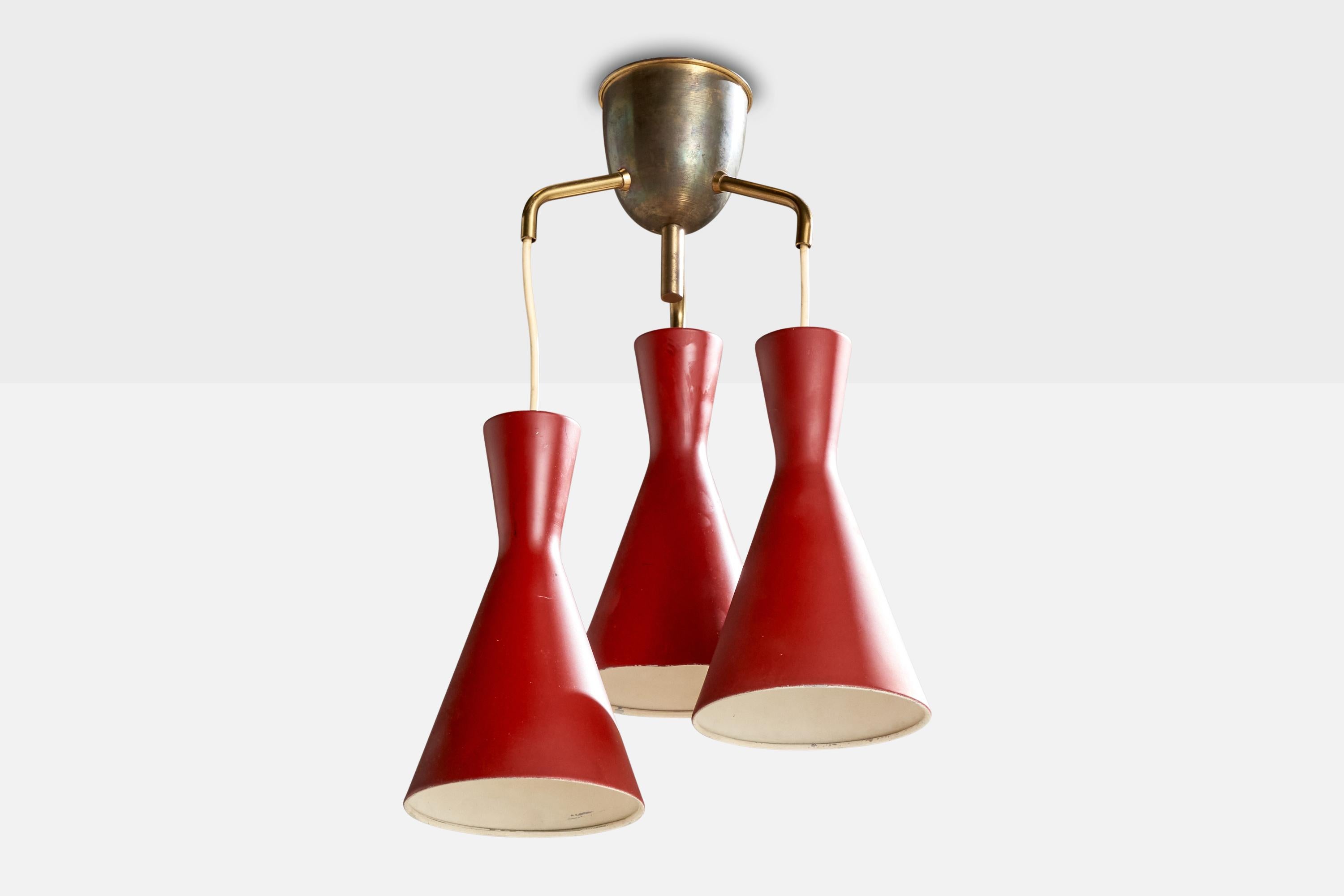 A brass and red-lacquered metal chandelier produced by Lyfa, Denmark, c. 1950s.

Overall Dimensions (inches): 19.625” H x  12” Diameter
Dimensions of Canopy:  4.25” H x 4” W x 4” D
Bulb Specifications: E-26  Bulbs
Number of Sockets: 3

All lighting