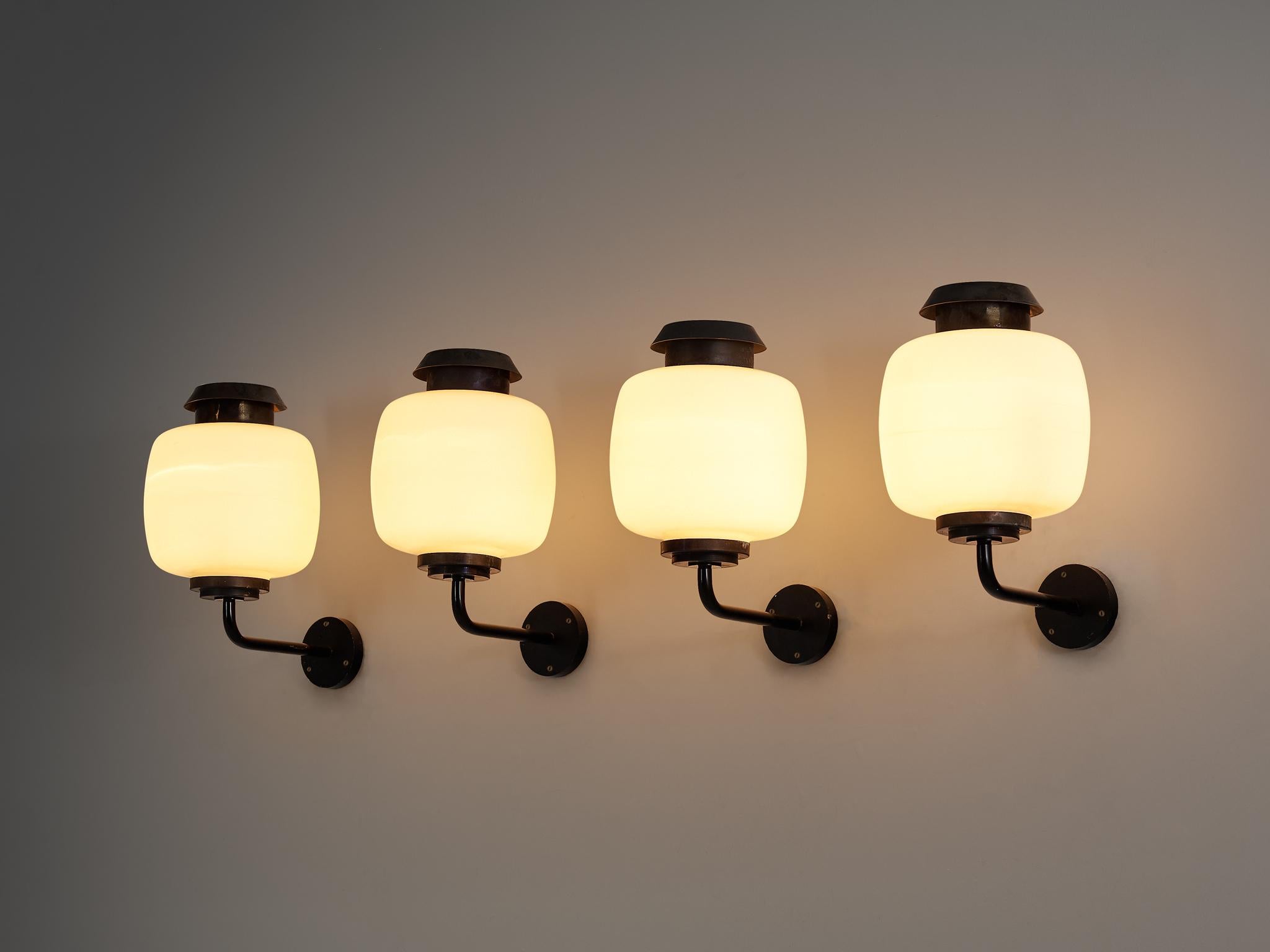 Danish Lyfa 'Drabant' Wall Lights in White Opaque Glass and Copper For Sale