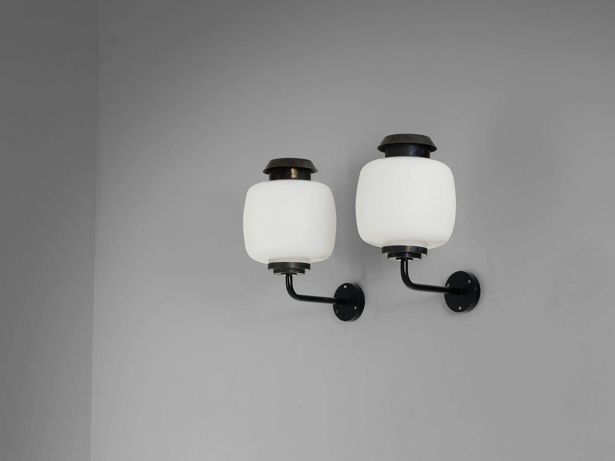 Danish Lyfa 'Drabant' Wall Lights in White Opaque Glass and Copper For Sale
