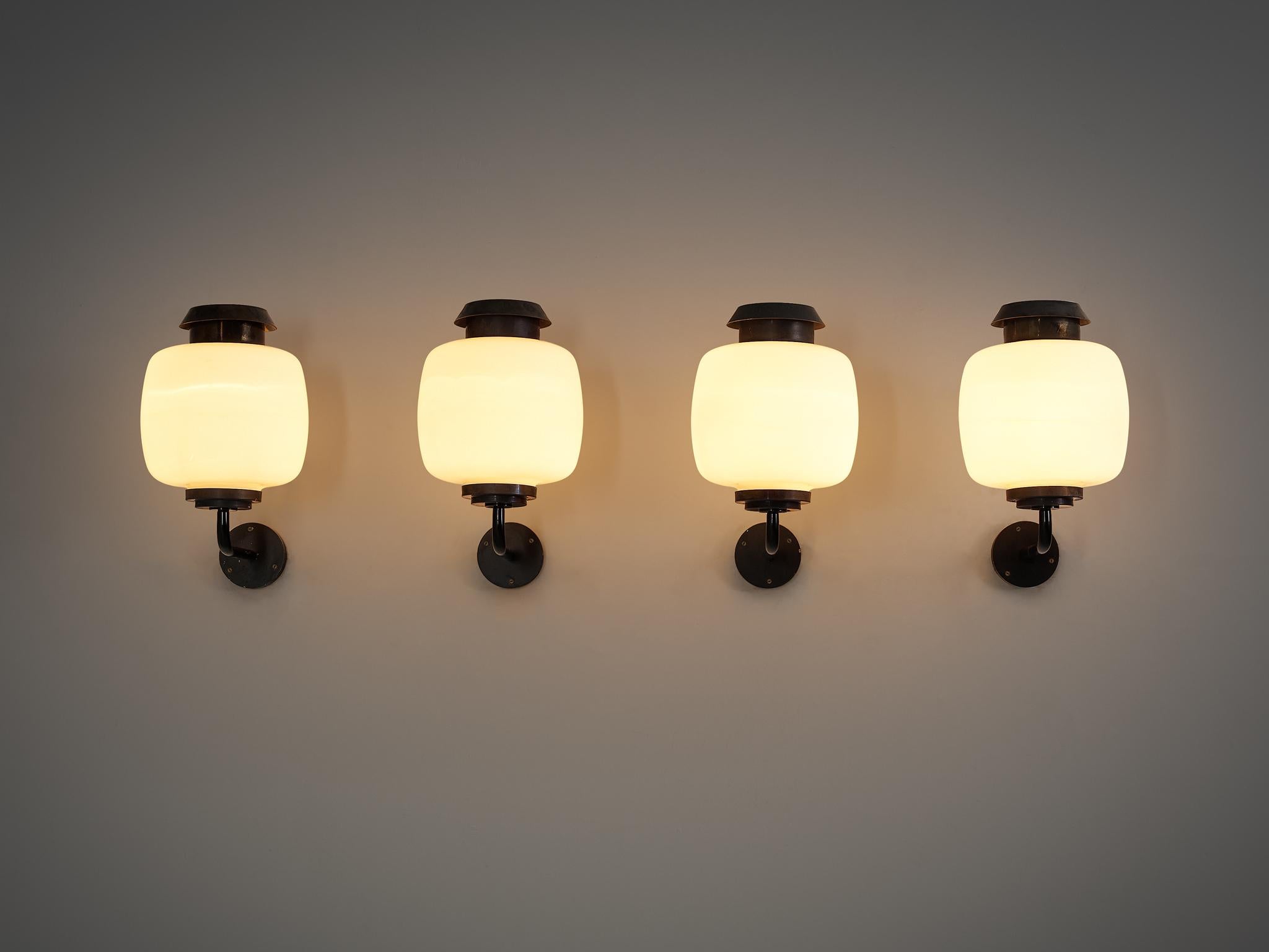 Mid-20th Century Lyfa 'Drabant' Wall Lights in White Opaque Glass and Copper For Sale