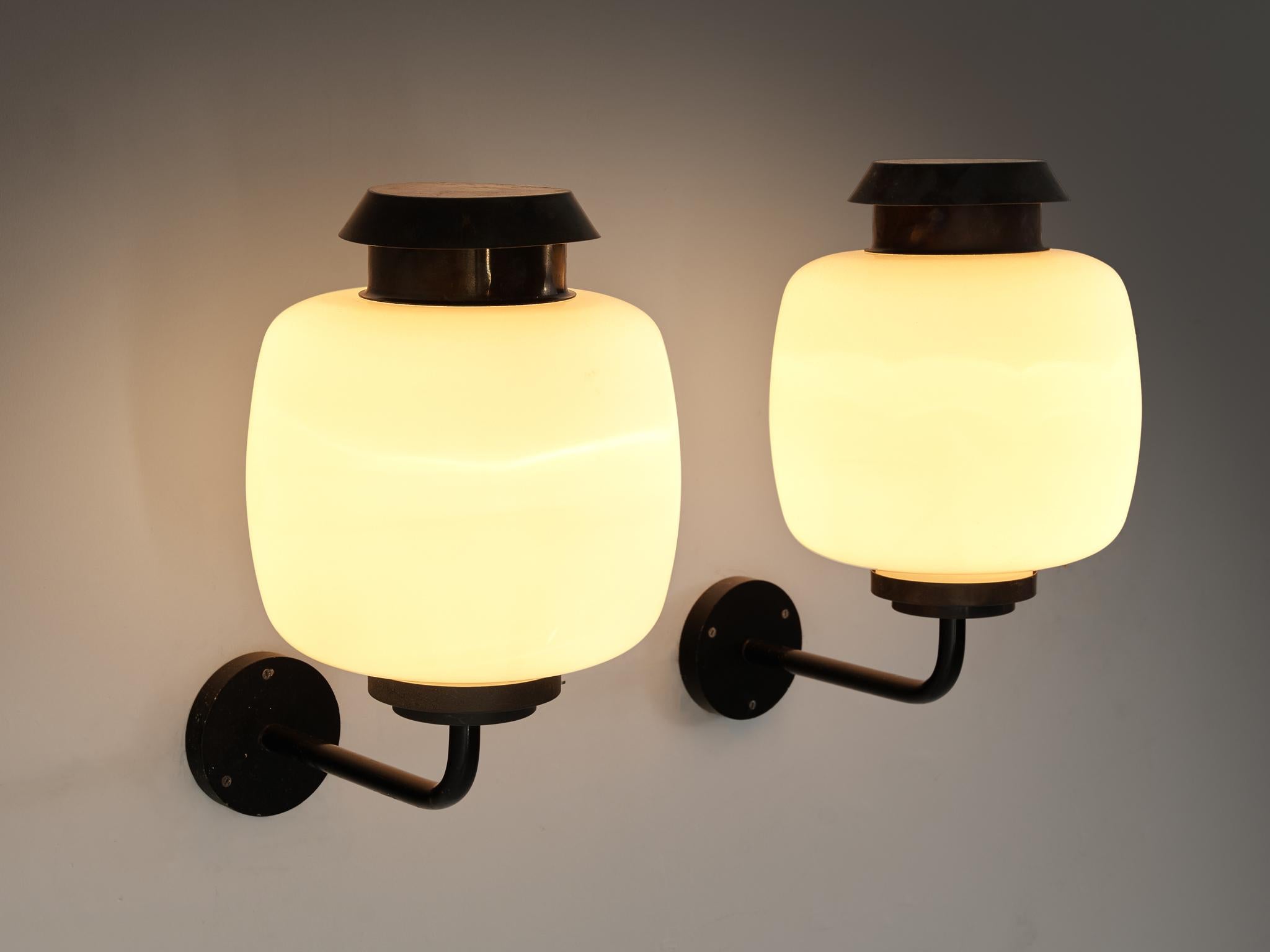 Mid-20th Century Lyfa 'Drabant' Wall Lights in White Opaque Glass and Copper For Sale