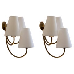 Lyfa, Pair of Three-Armed Wall Lights / Sconces, Brass, Fabric, Denmark, 1950s