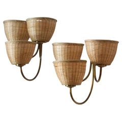 Lyfa, Pair of Three-armed Wall Lights / Sconces, Brass, Rattan, Denmark, 1950s
