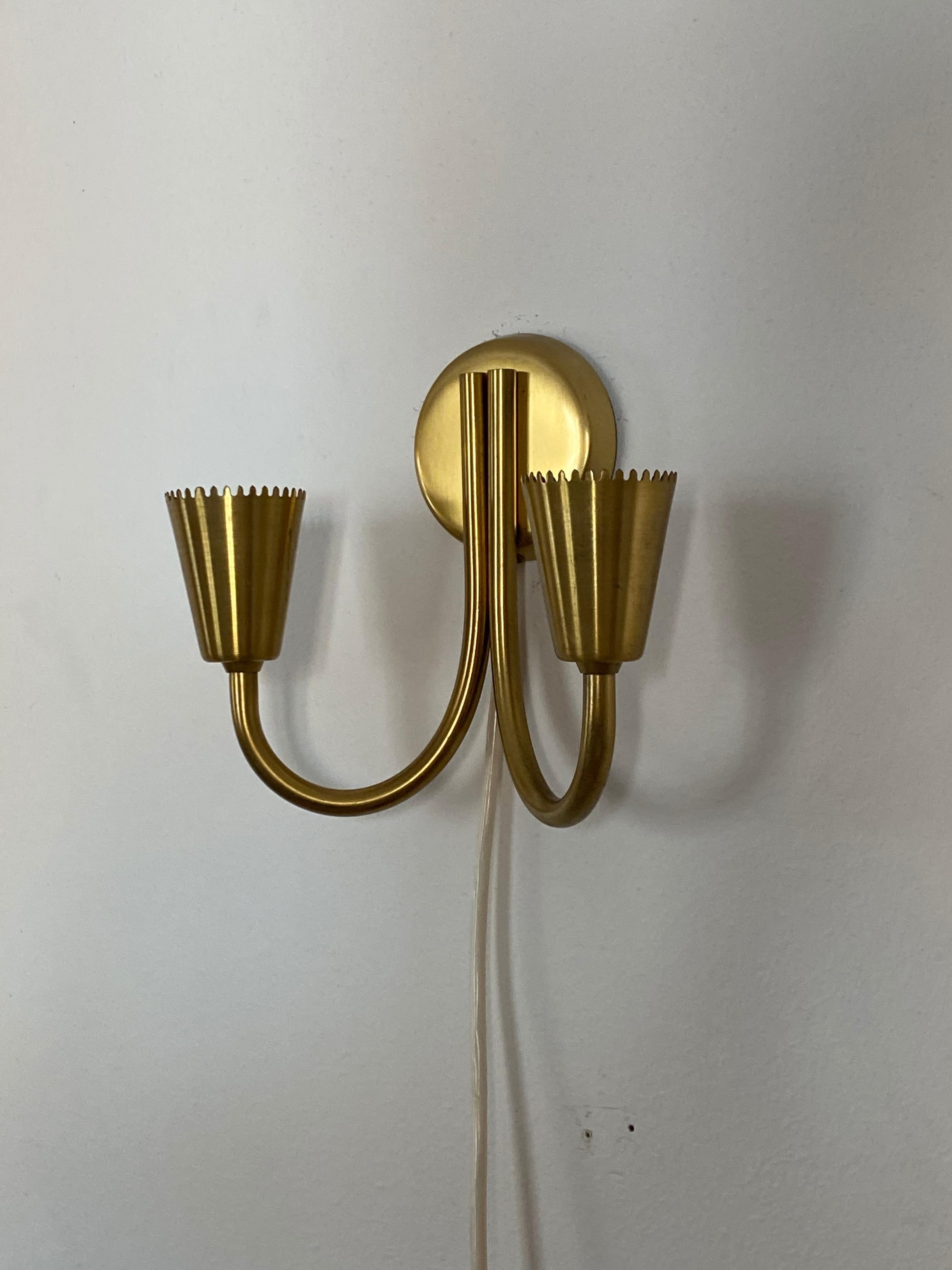 Lyfa, Pair of Two-Armed Wall Sconces, Brass, Linen, Denmark, 1950s In Good Condition In High Point, NC