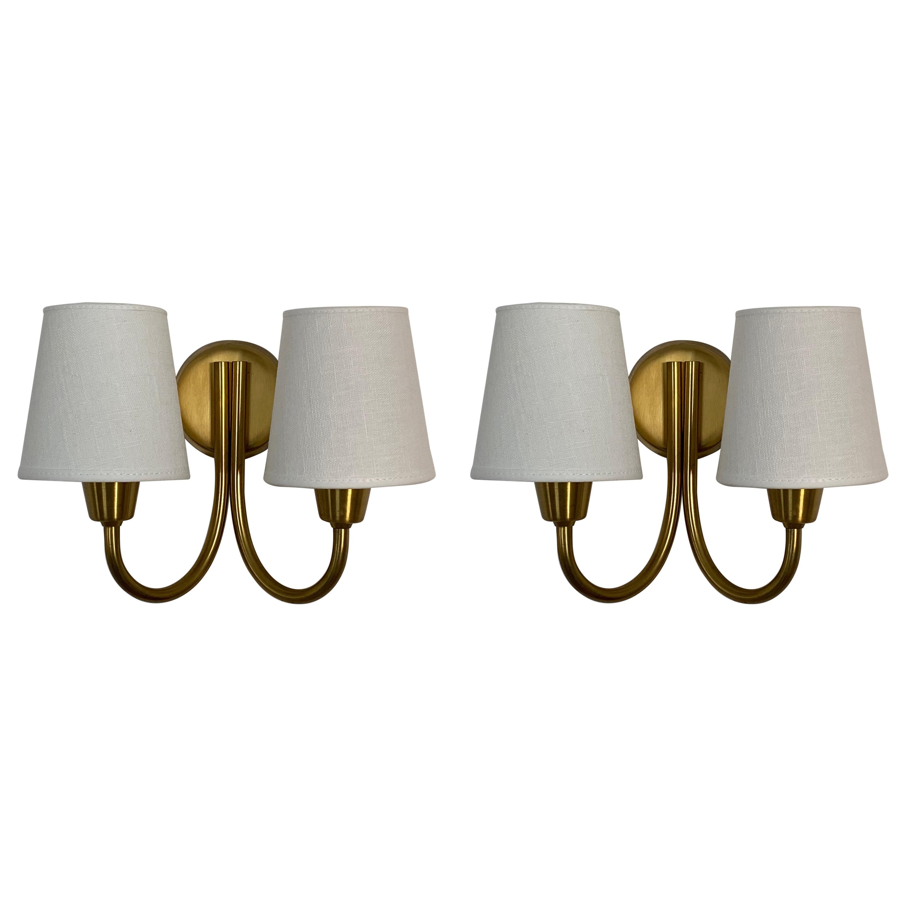 Lyfa, Pair of Two-Armed Wall Sconces, Brass, Linen, Denmark, 1950s