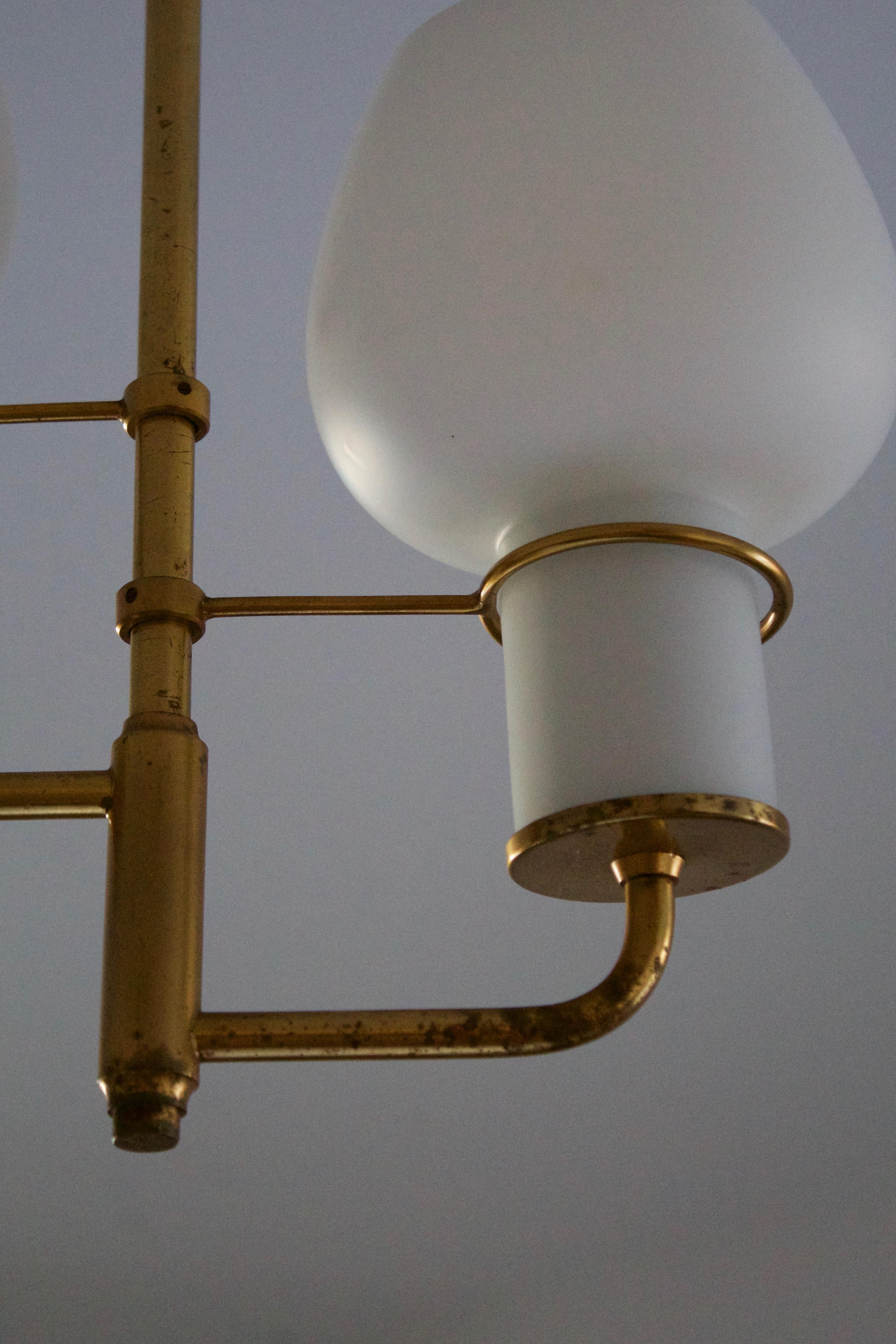 Mid-Century Modern Lyfa, Pendant Light / Chandelier, Brass, Milk Glass, Denmark, 1950s