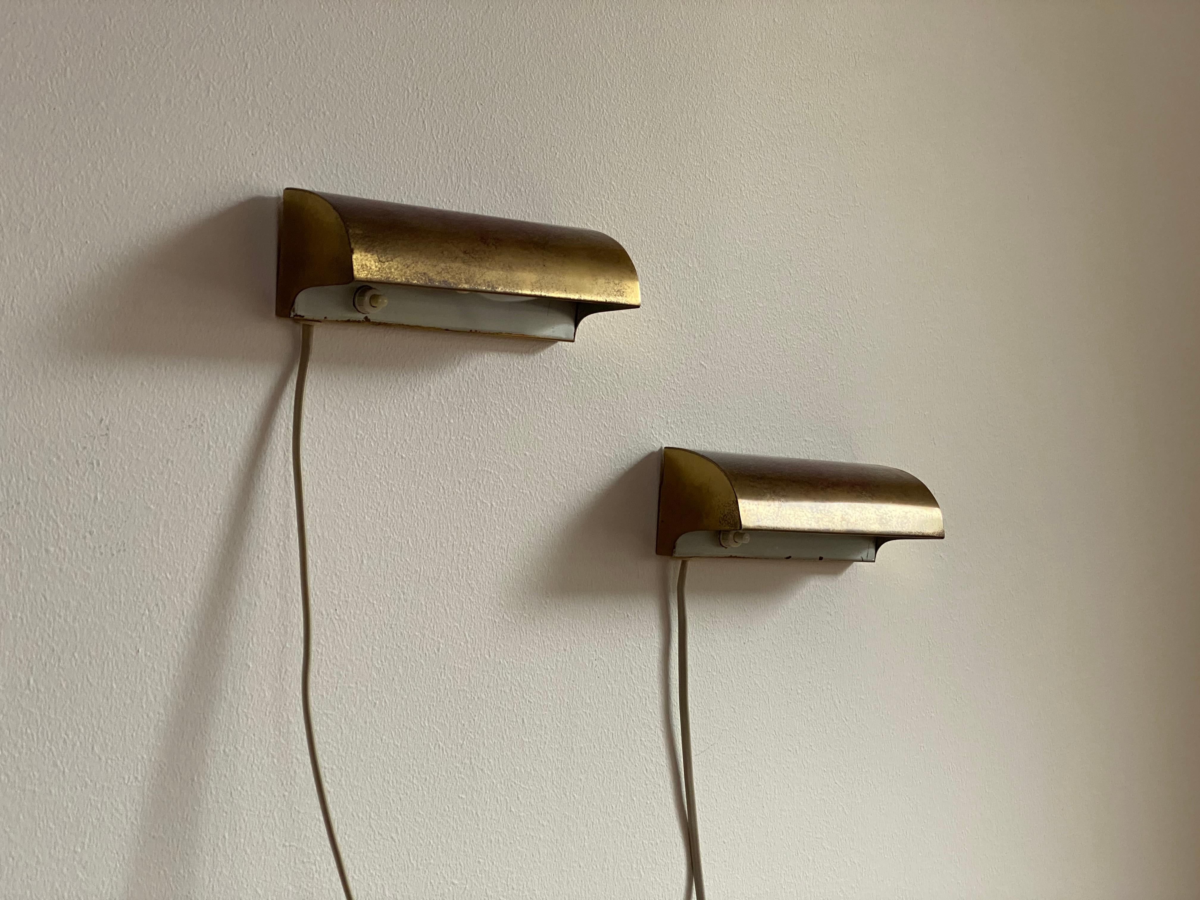 Lyfa, Small Functionalist Wall Lights / Sconces, Brass, Denmark, 1950s In Fair Condition In High Point, NC