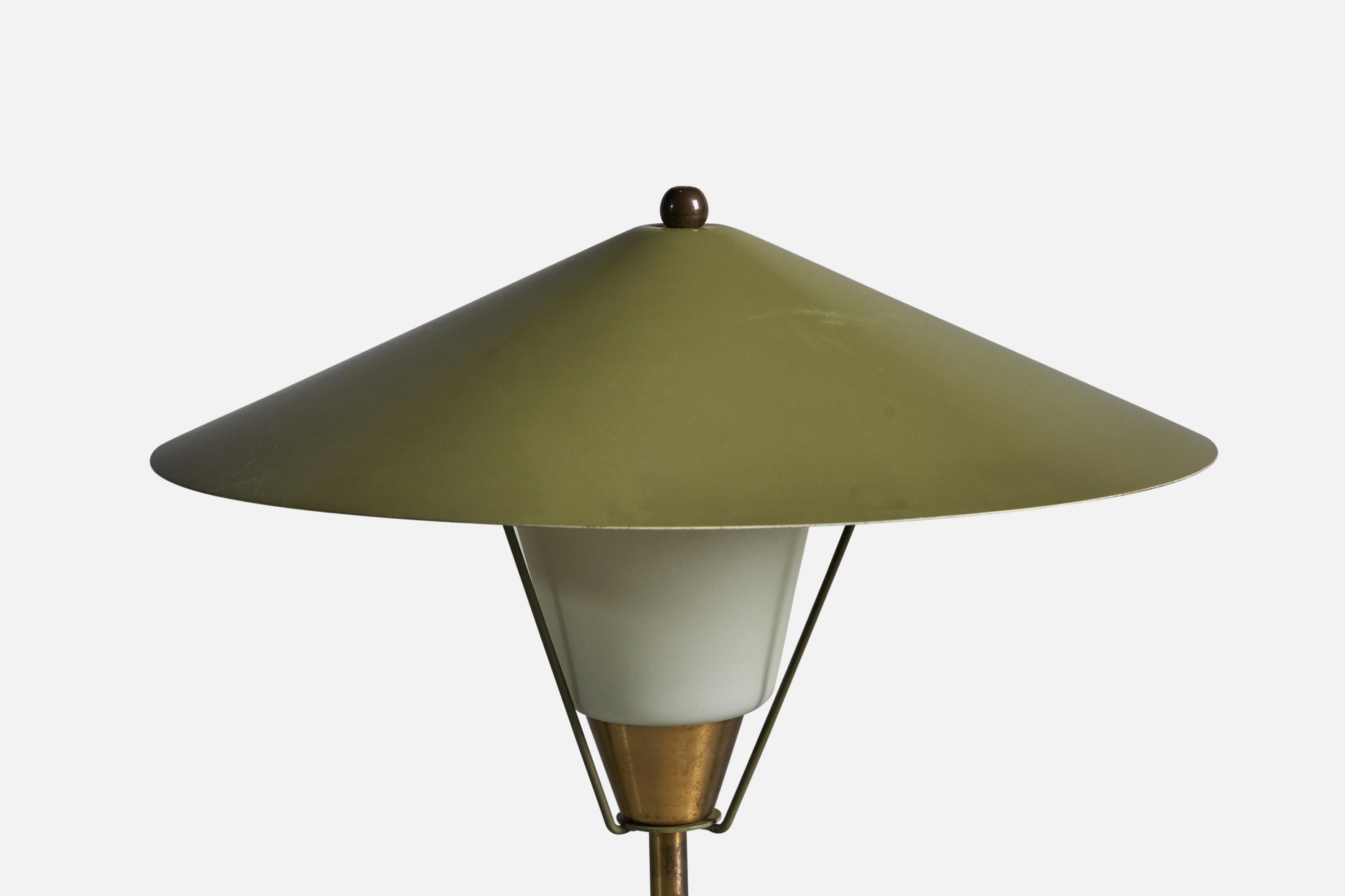 Danish Lyfa, Table Lamp, Brass, Metal, Opal Glass, Denmark, 1940s For Sale