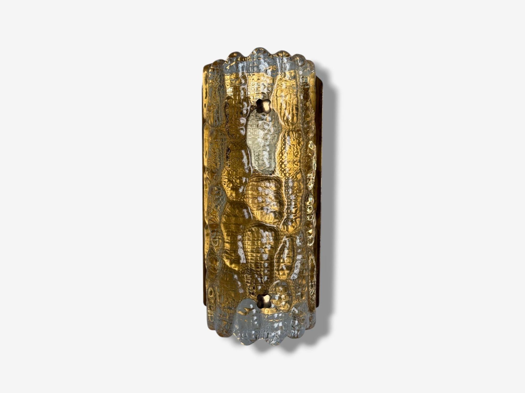 Swedish Lyfa, Textured Glass, Patinated Brass, Wall Light, Sweden, 1970s For Sale