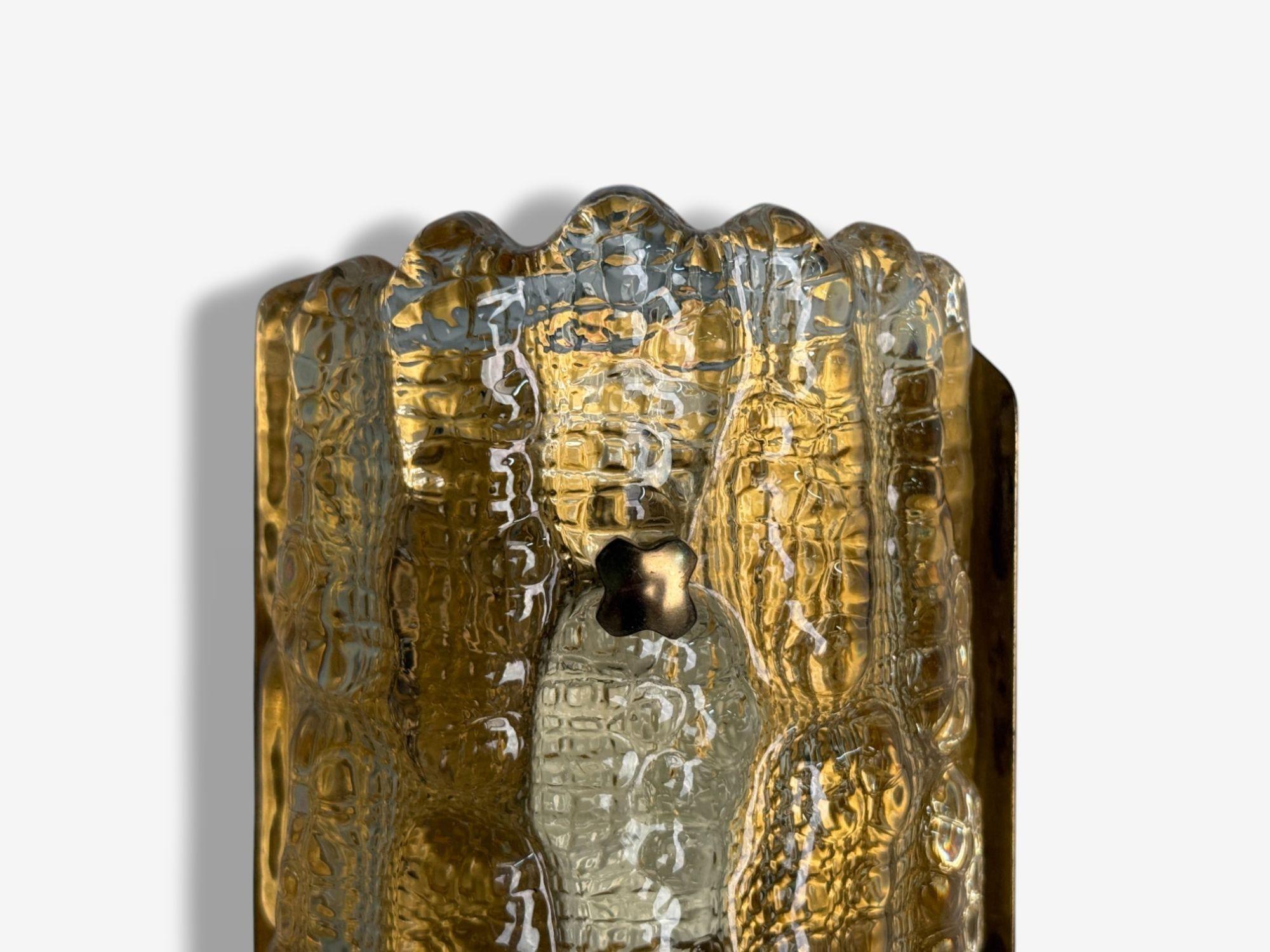Late 20th Century Lyfa, Textured Glass, Patinated Brass, Wall Light, Sweden, 1970s For Sale
