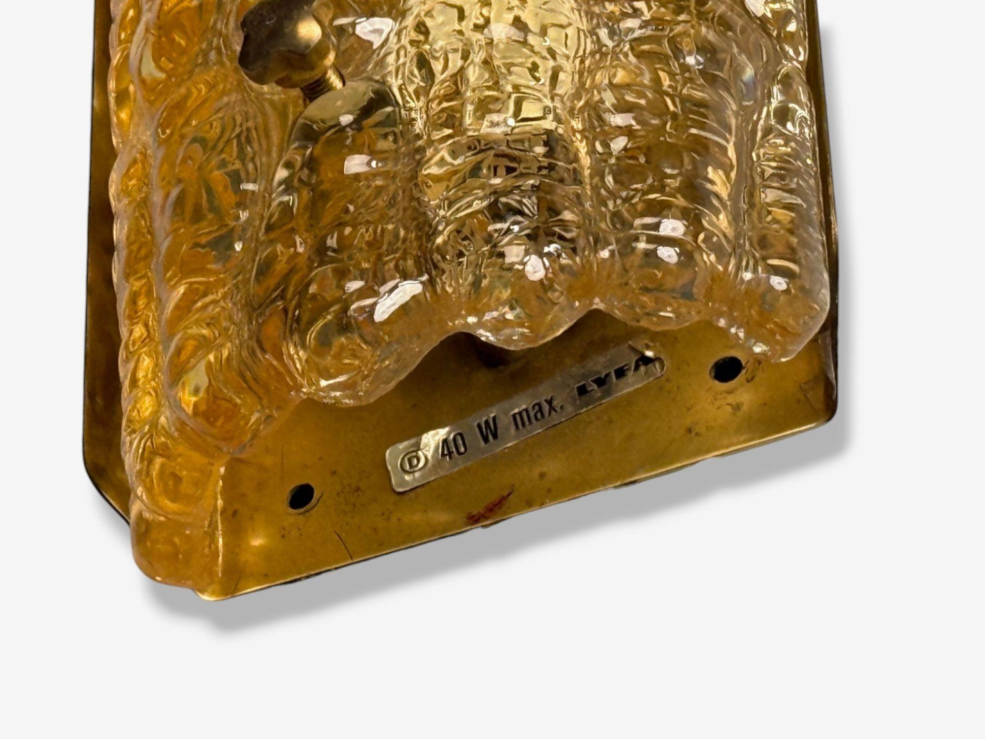 Lyfa, Textured Glass, Patinated Brass, Wall Light, Sweden, 1970s For Sale 3