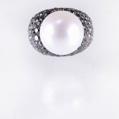 Lygia Demades 18mm White South Sea Cultured Pearl and Black Diamond Gold Ring