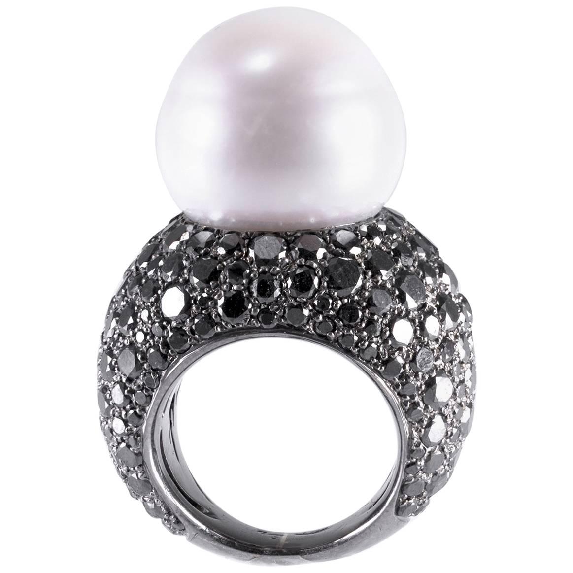 Lygia Demades 18mm White South Sea Cultured Pearl and Black Diamond Gold Ring  For Sale