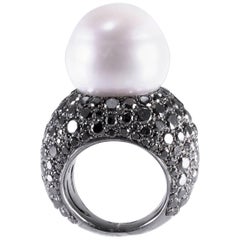 Lygia Demades 18mm White South Sea Cultured Pearl and Black Diamond Gold Ring 