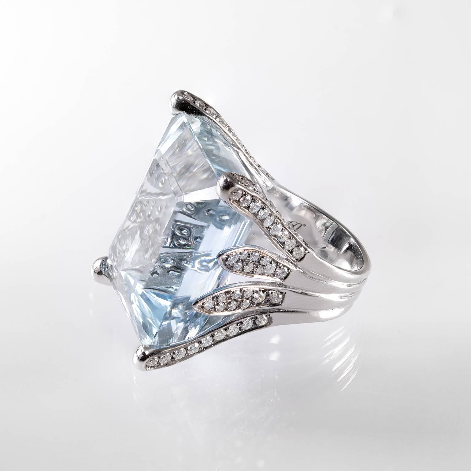 Emerald Cut Lygia Demades 47 Carat Natural Aquamarine and Diamond 18 Karat White Gold Ring For Sale
