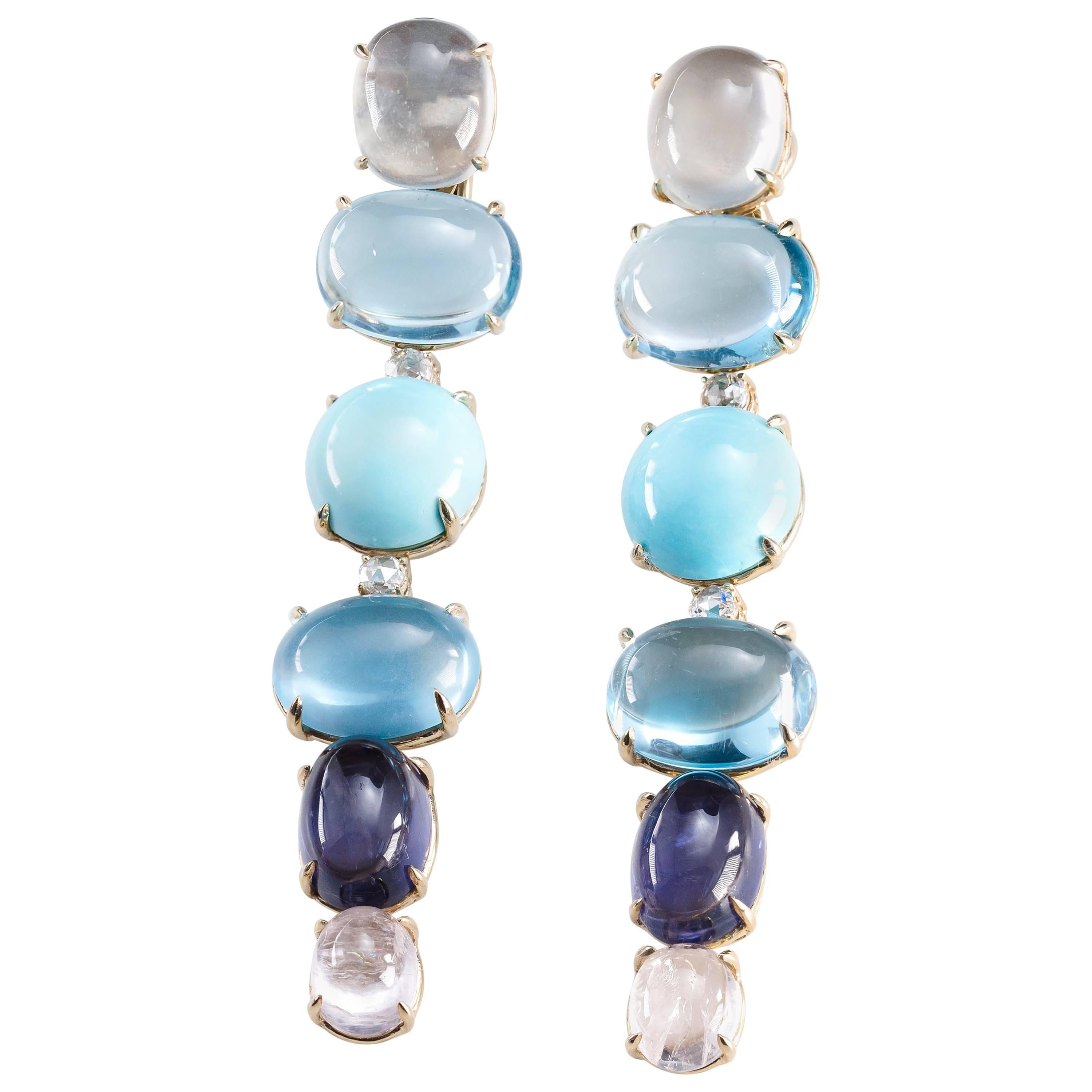 Lygia Demades Blue Topaz Turquoise Tourmaline and Rose Cut Diamond Gold Earrings For Sale