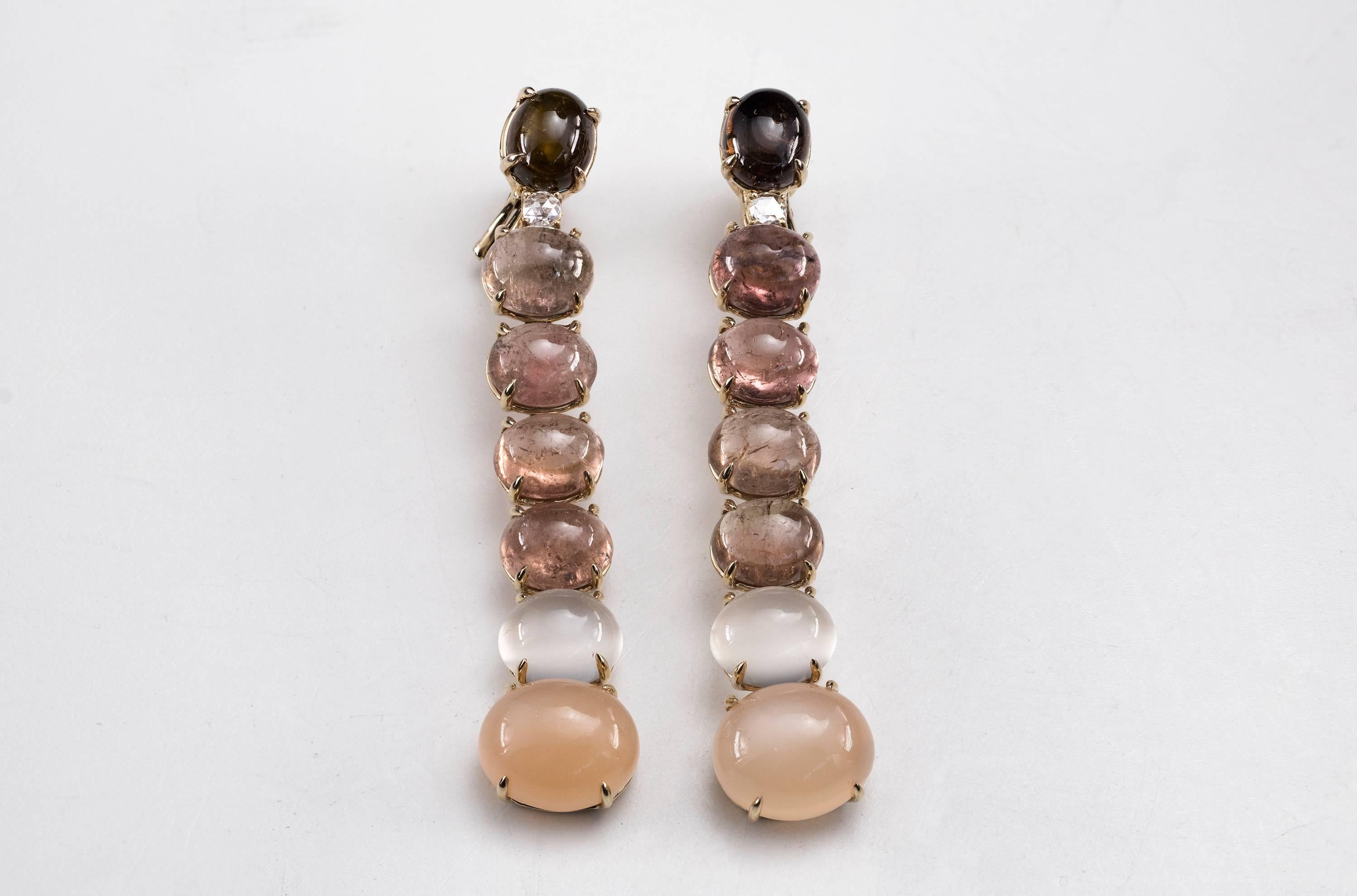 Contemporary Lygia Demades Pink Tourmaline Moonstone and Rose Cut Diamond Gold Earrings  For Sale