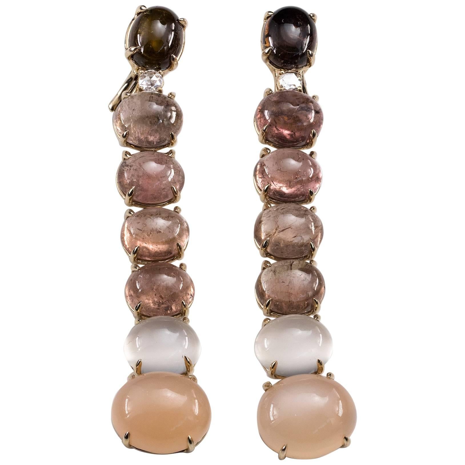 Lygia Demades Pink Tourmaline Moonstone and Rose Cut Diamond Gold Earrings  For Sale
