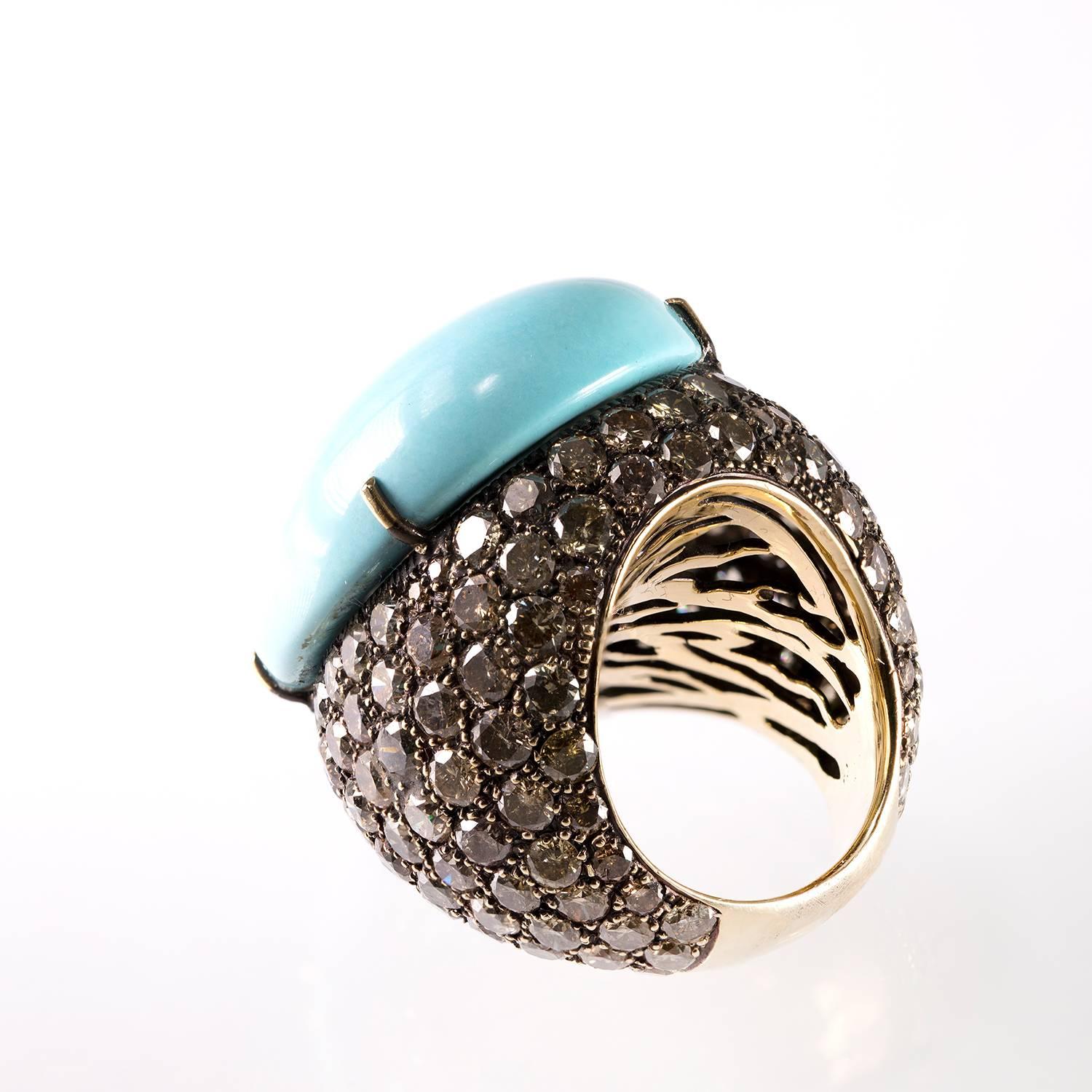 Oval Cut Lygia Demades Turquoise and Cognac Diamond 18 Karat Gold Ring For Sale