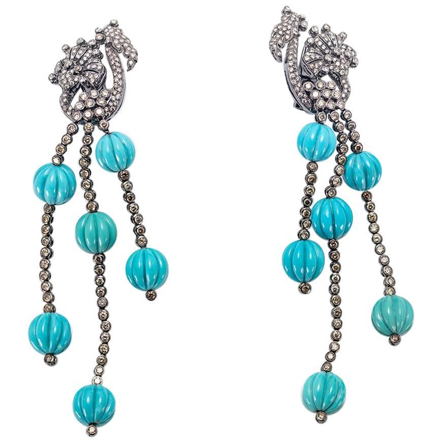 Lygia Demades Turquoise and Cognac Diamond Gold Long Drop Earrings  For Sale