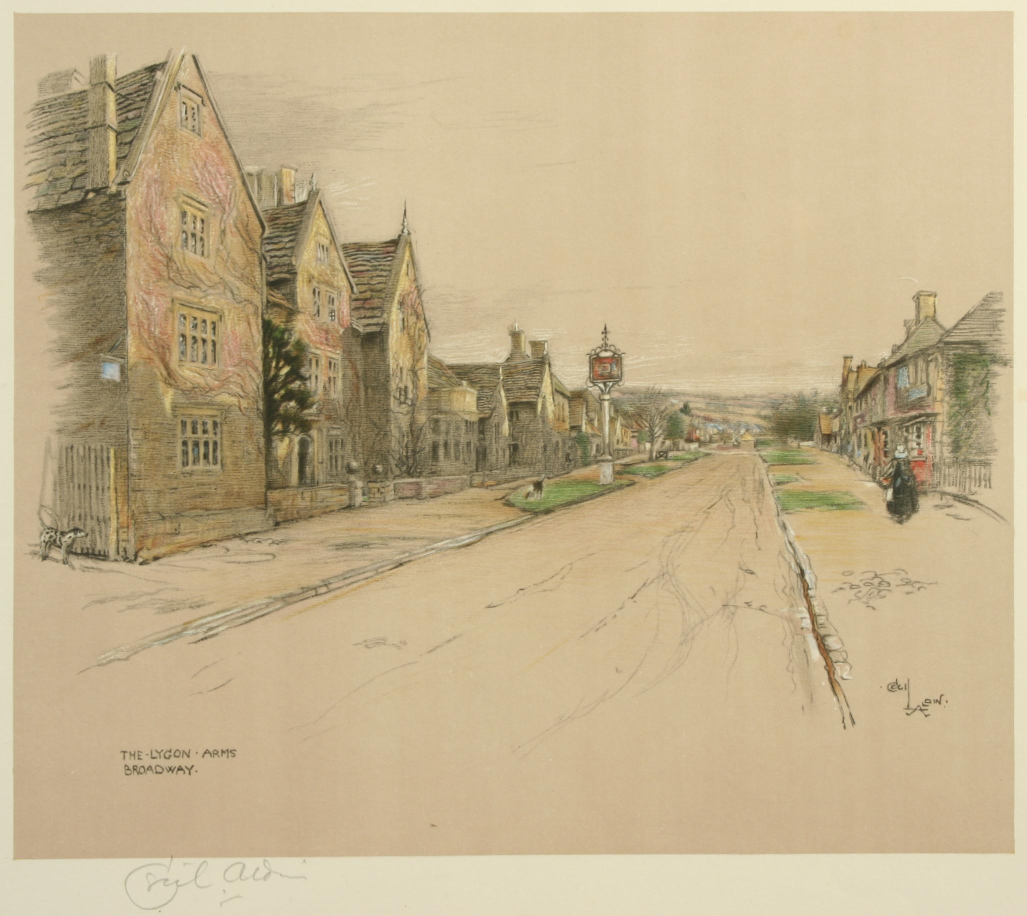Cecil Aldin, Old Inns, The Lygon Arms, Broadway.
A very nice colorful Chromolithograph by Cecil Aldin of The Lygon Arms in the Cotswolds village of Broadway. The print is published by Eyre & Spottiswoode and signed in pencil by the artist in the