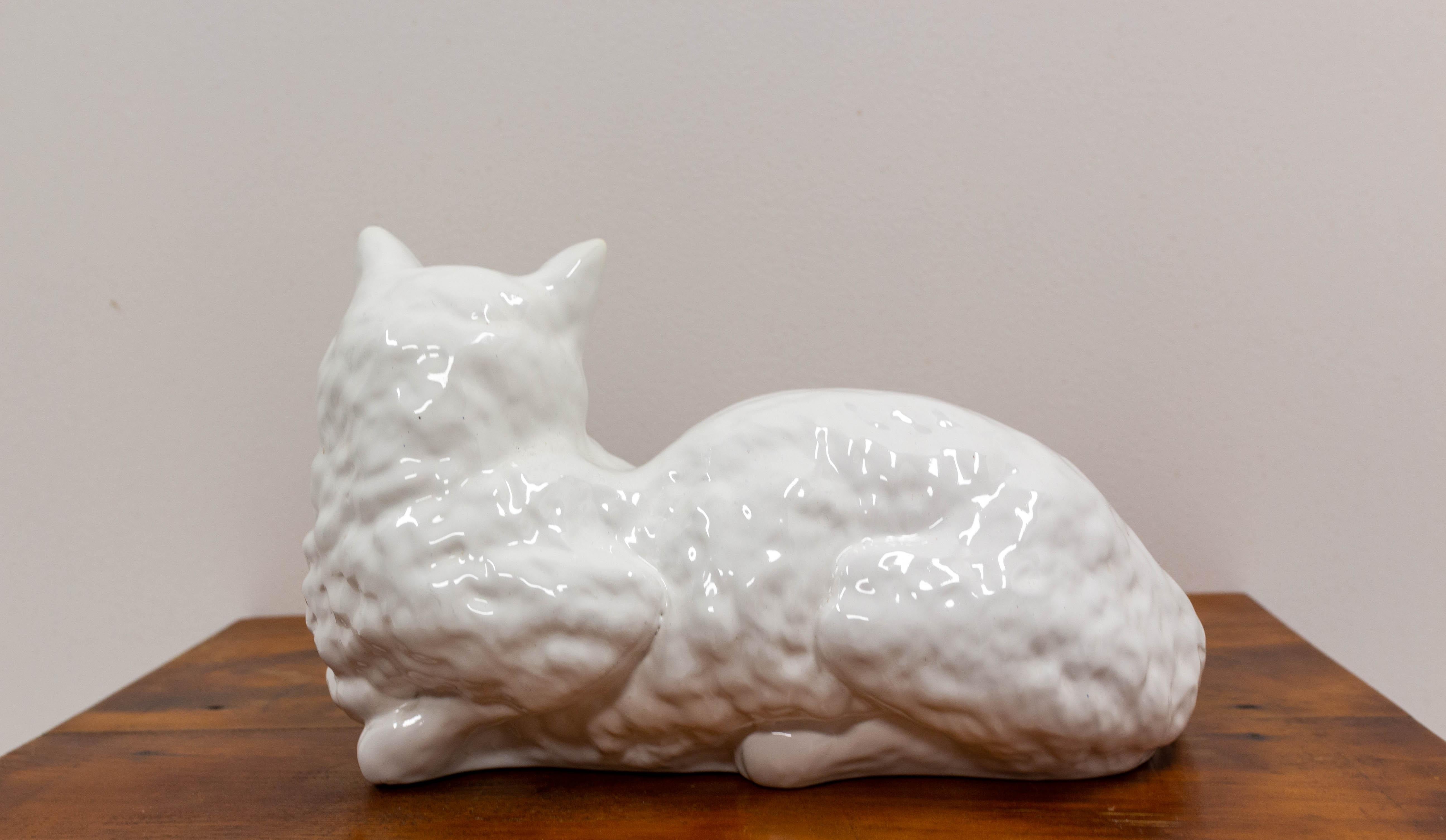 20th Century Lying Cat White Faience Statue, French circa 1980