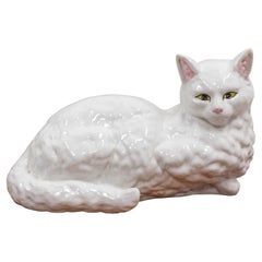 Vintage Lying Cat White Faience Statue, French circa 1980