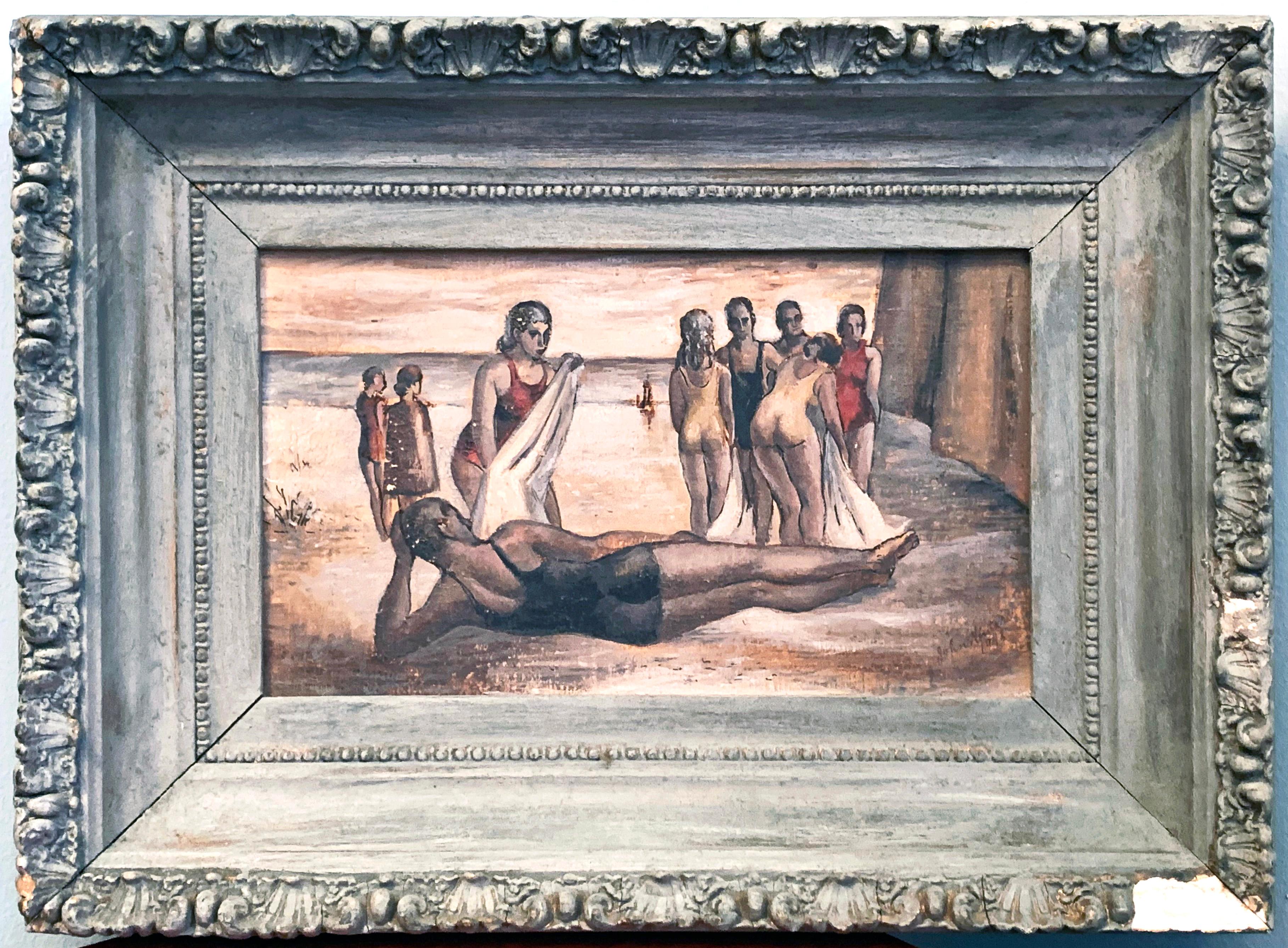 In an era when Reginald Marsh, Paul Cadmus and many other painters loved to capture the joy and energy of crowded beach scenes in America, John Winters created this lovely genre scene of a male bather in his one-piece swim suit reposing on the sand