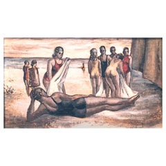 "Lying on the Sand, " WPA-Era Atmospheric Beach Scene with Male & Female Bathers