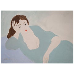 Lying Woman Unframed Drawing in Acrylic 100% Cotton Paper Intimist Modern 