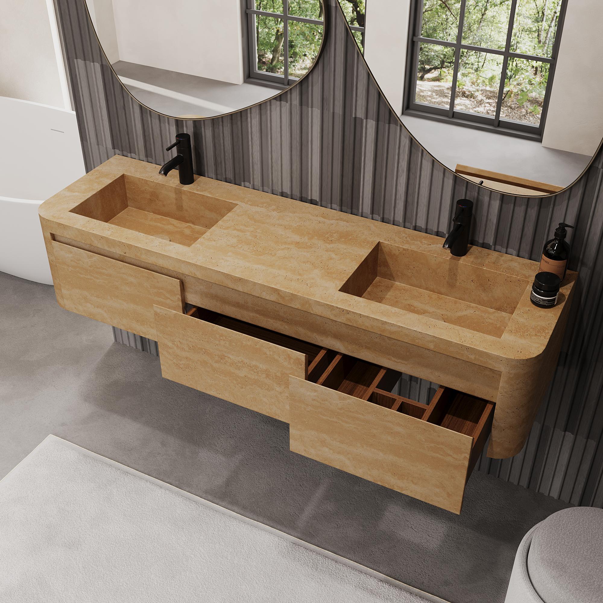 Lyke - Wandschminktisch mit doppeltem Basin für das Badezimmer - Beigefarbenes Travertin im Angebot 2