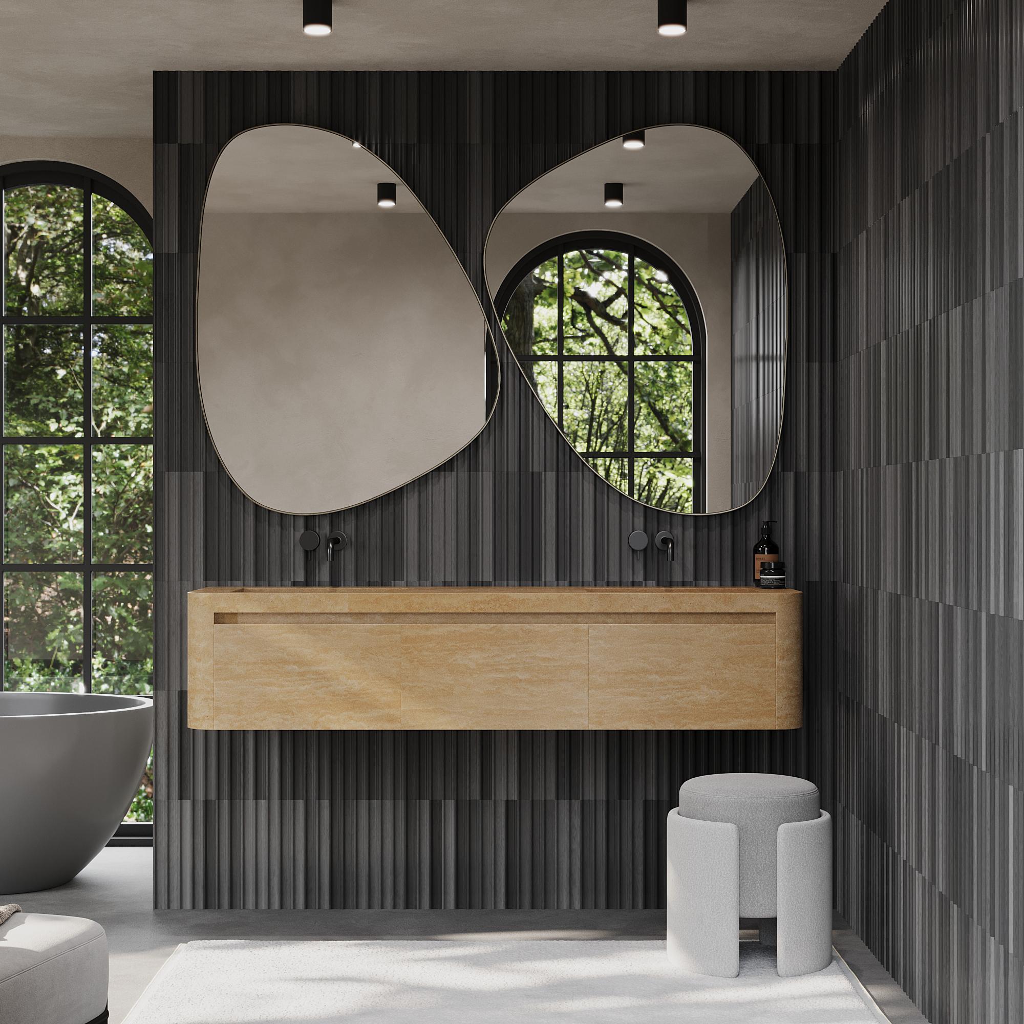 Unser schwimmender Waschtisch Lyke Dual Basin zeichnet sich durch einen wunderschön geäderten Marmor aus, der Ihrem Badezimmer Tiefe und Charakter verleiht. Das Äußere ist komplett aus hochwertigem Marmor gefertigt, während das Innere aus Massivholz