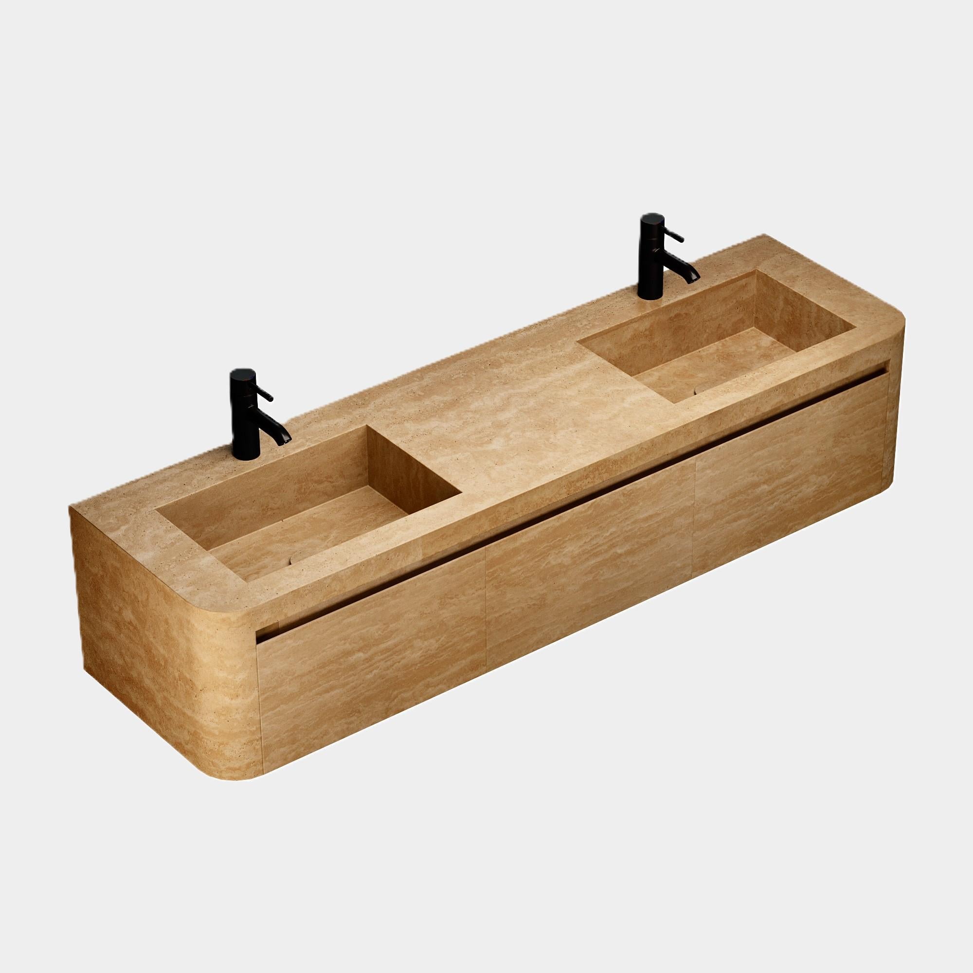 Lyke - Wandschminktisch mit doppeltem Basin für das Badezimmer - Beigefarbenes Travertin (Skandinavische Moderne) im Angebot