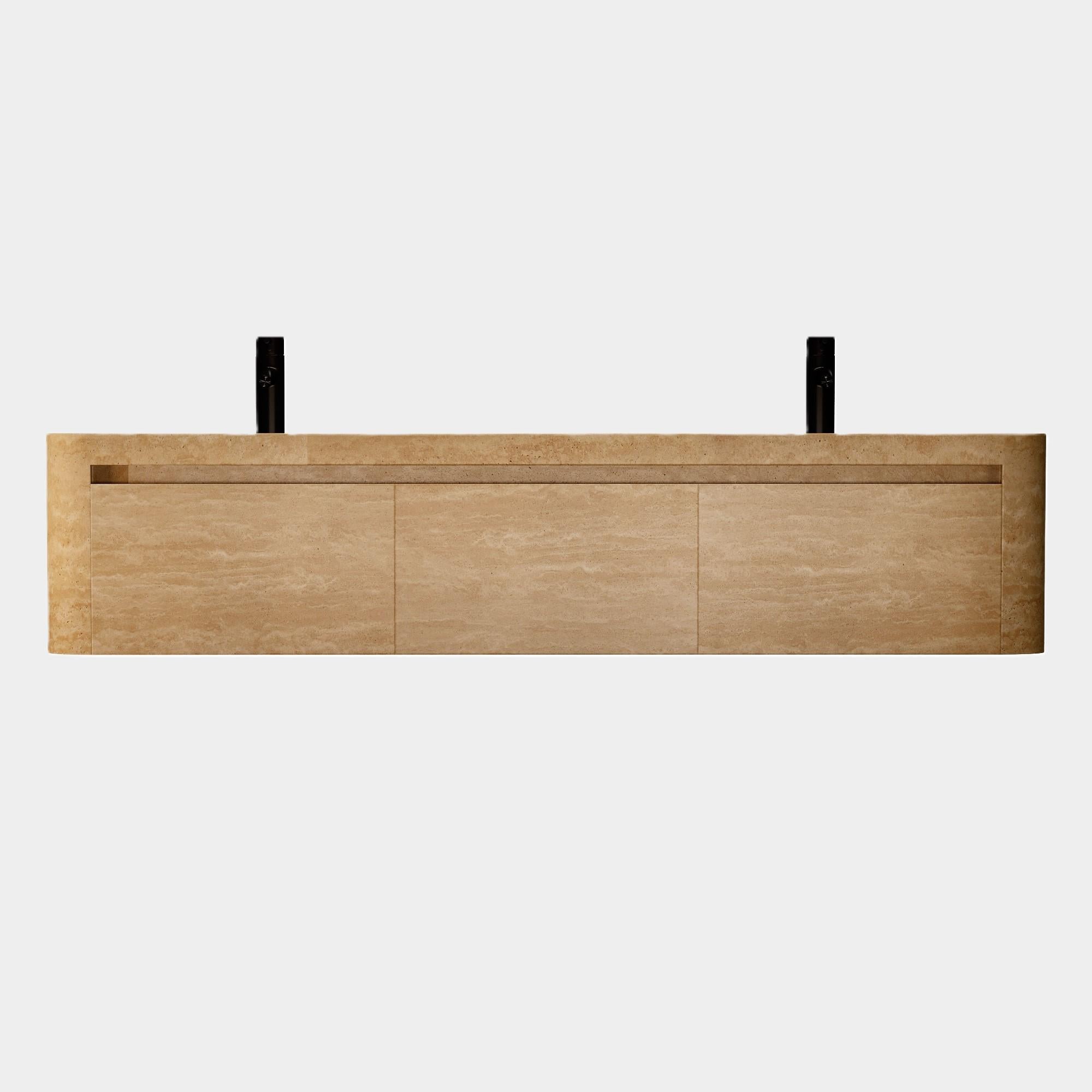 Lyke - Wandschminktisch mit doppeltem Basin für das Badezimmer - Beigefarbenes Travertin (Portugiesisch) im Angebot
